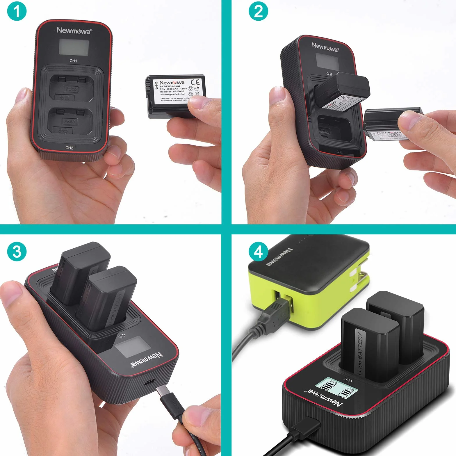 Newmowa NP-FW50 zapasowa bateria (2 sztuki) i inteligentna ładowarka USB z wyświetlaczem LCD do NP-FW50 i Sony ZV-E10, a6000, a6100, a6300, Alpha a3000, Alpha a5000, DSC-RX10, RX10 IV