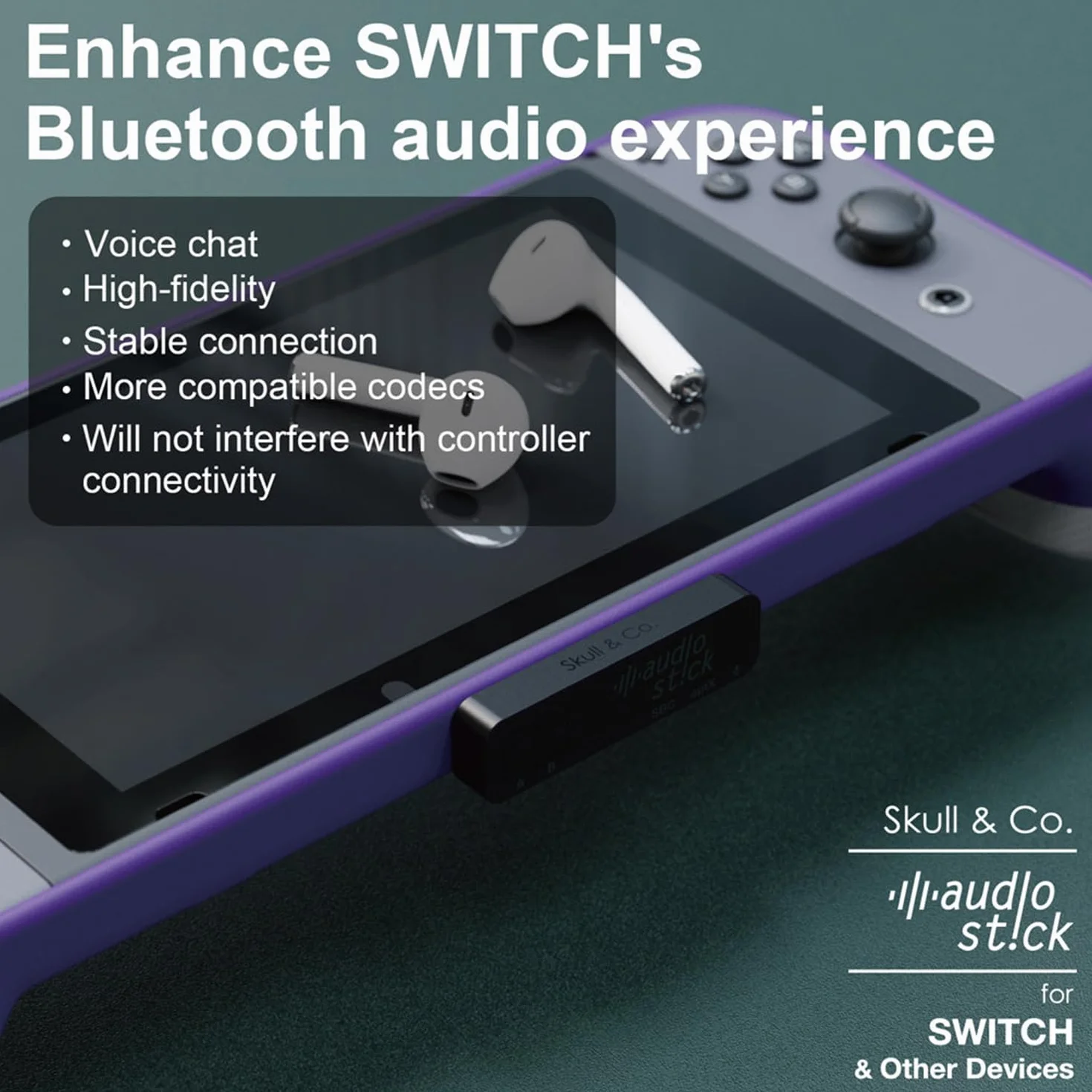 Skull & Co. AudioStick Bluetooth 5.2 bezprzewodowy adapter nadajnika audio o niskiej latencji dla PS5 / PS4, Nintendo Switch/Lite/Inne urządzenia, zoptymalizowany dla AirPods/Pro - Czarny