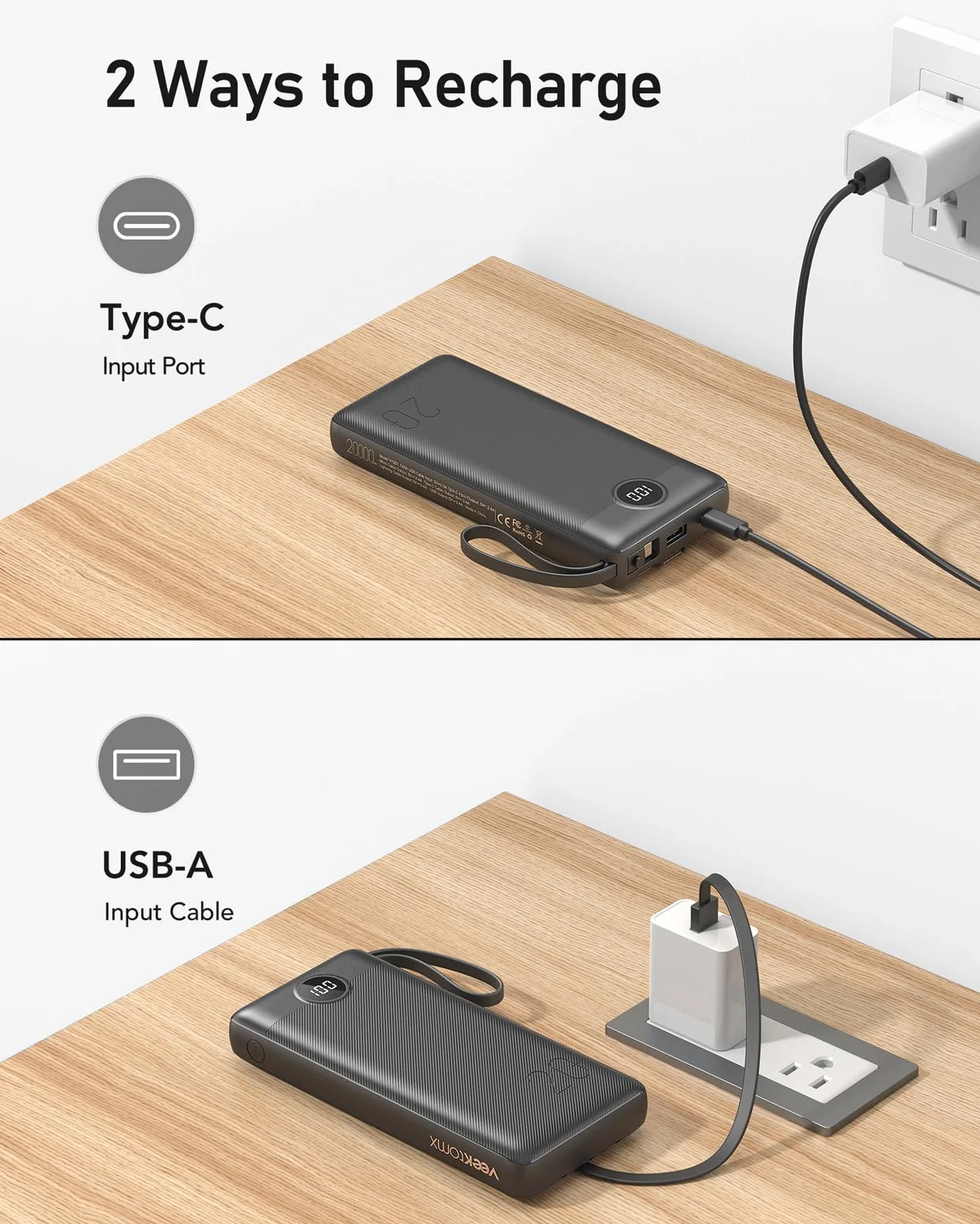 Power Bank 20000mAh z wbudowanymi kablami USB C 2.4A Szybkie ładowanie 5-wyjściowy 2-wejście LED