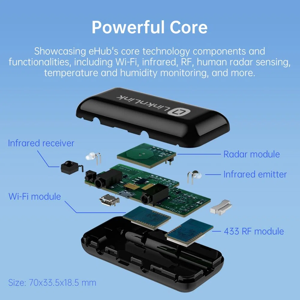 eHub uniwersalny pilot 5 w 1: sterowanie IR i RF z czujnikami ruchu, temperatury, wilgotności, 3 lata bezpłatnego eksportu danych, współpracuje z Alexa, Google Home, Modbus, Home Assistant