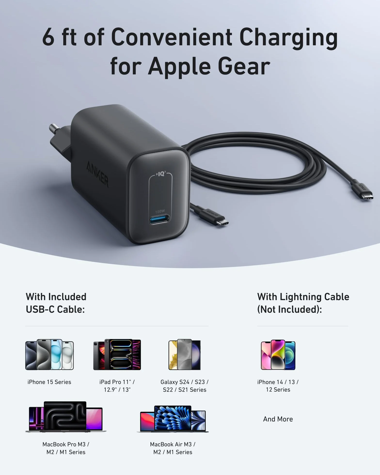 Anker Nano Ładowarka 100 W, Ładowarka 100 W do MacBooka, Zasilacz do MacBooka, iPada, iPhone’a 17/16, Galaxy oraz wszystkich urządzeń USB‑C, w zestawie kabel USB‑C 1,8 m (czarny)