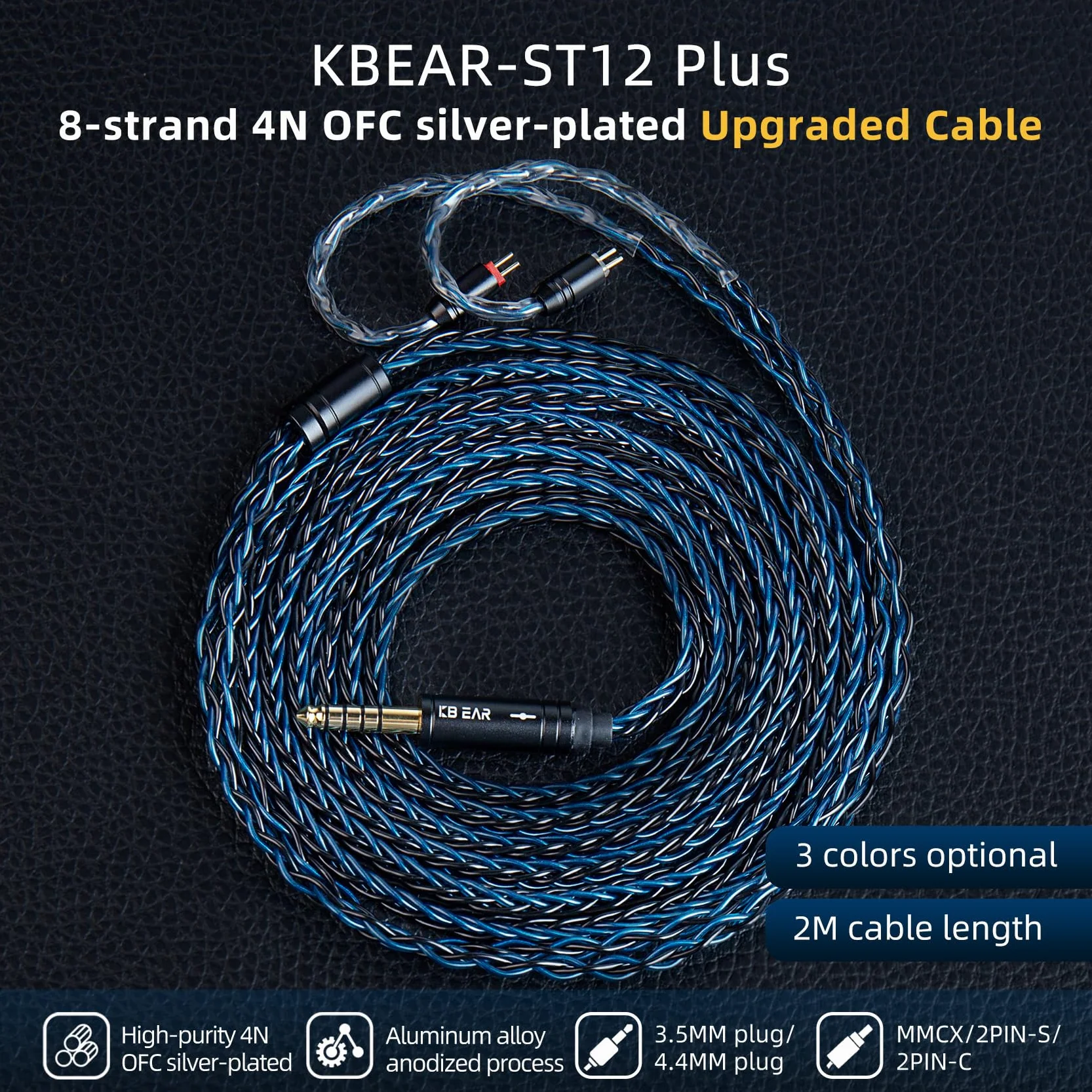 KBEAR ST12 Plus 2-pinowy 2-pinowy zamienny kabel do słuchawek do monitorowania uszu, posrebrzany kabel słuchawkowy HiFi do KZ ZST/AS10/ZS10/CCA C10/C12 (niebieski-czarny, 2-pinowe 4,4 mm)