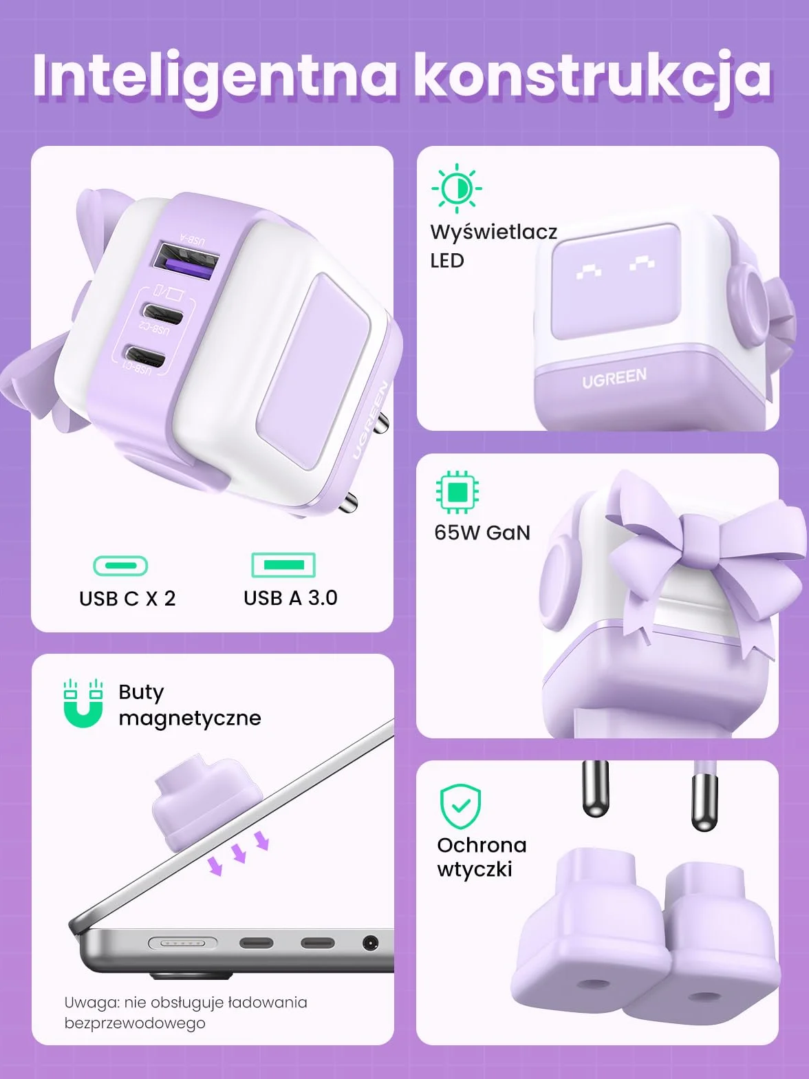 UGREEN Uno USB C Charger 65W USB C Power Supply 3-Port Fast Charger LED Display kompatybilny z MacBook Pro/Air, iPad, iPhone 15 Pro Max, Galaxy S24 Ultra, Steam Deck (fioletowy)