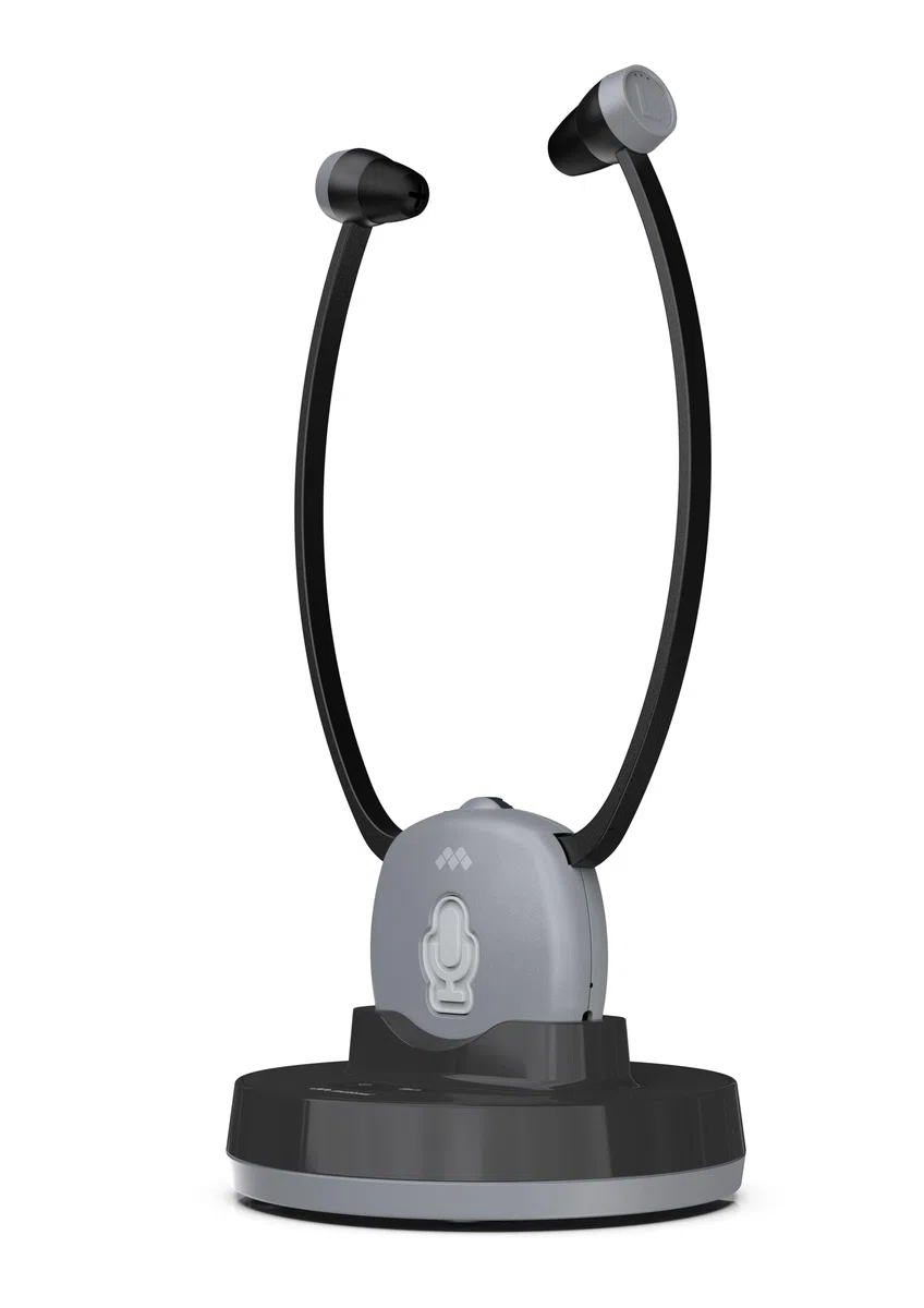 Meliconi Zestaw słuchawkowy do telewizora Easy Audio, cyfrowy model Steto z wejściem optycznym, mikrofonem otoczenia, regulacją głośności, podstawą ładowania, zasięg 20 m, zrównoważony dźwięk do