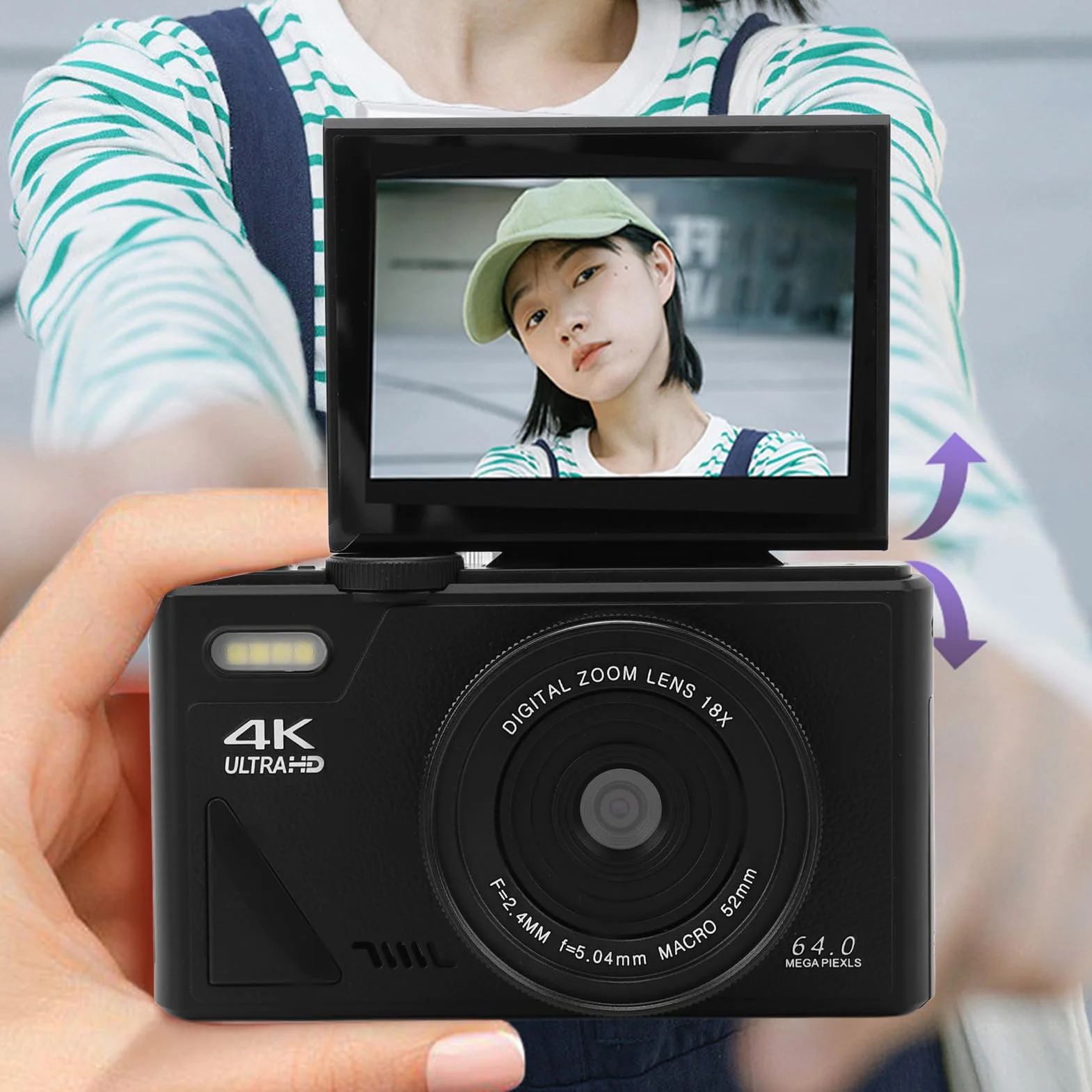 Aparat Cyfrowy, Aparat Cyfrowy 4K 64 MP UHD 180° 3 IPS z Odchylanym Ekranem do Vlogowania, Kompaktowy Aparat Cyfrowy z 18-krotnym Zoomem, Aparat z funkcją Automatycznego