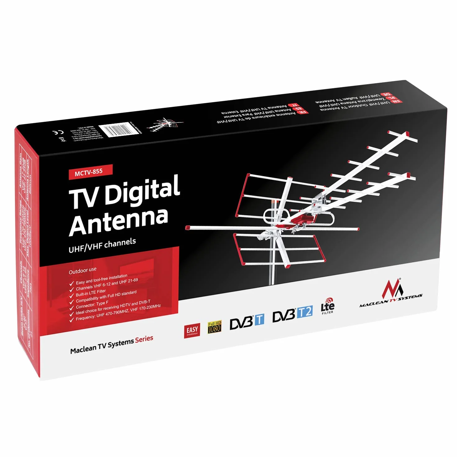 Maclean MCTV-855 Antena Zewnętrzna TV DVB-T DVB-T2 UHF VHF Aktywna Full HD