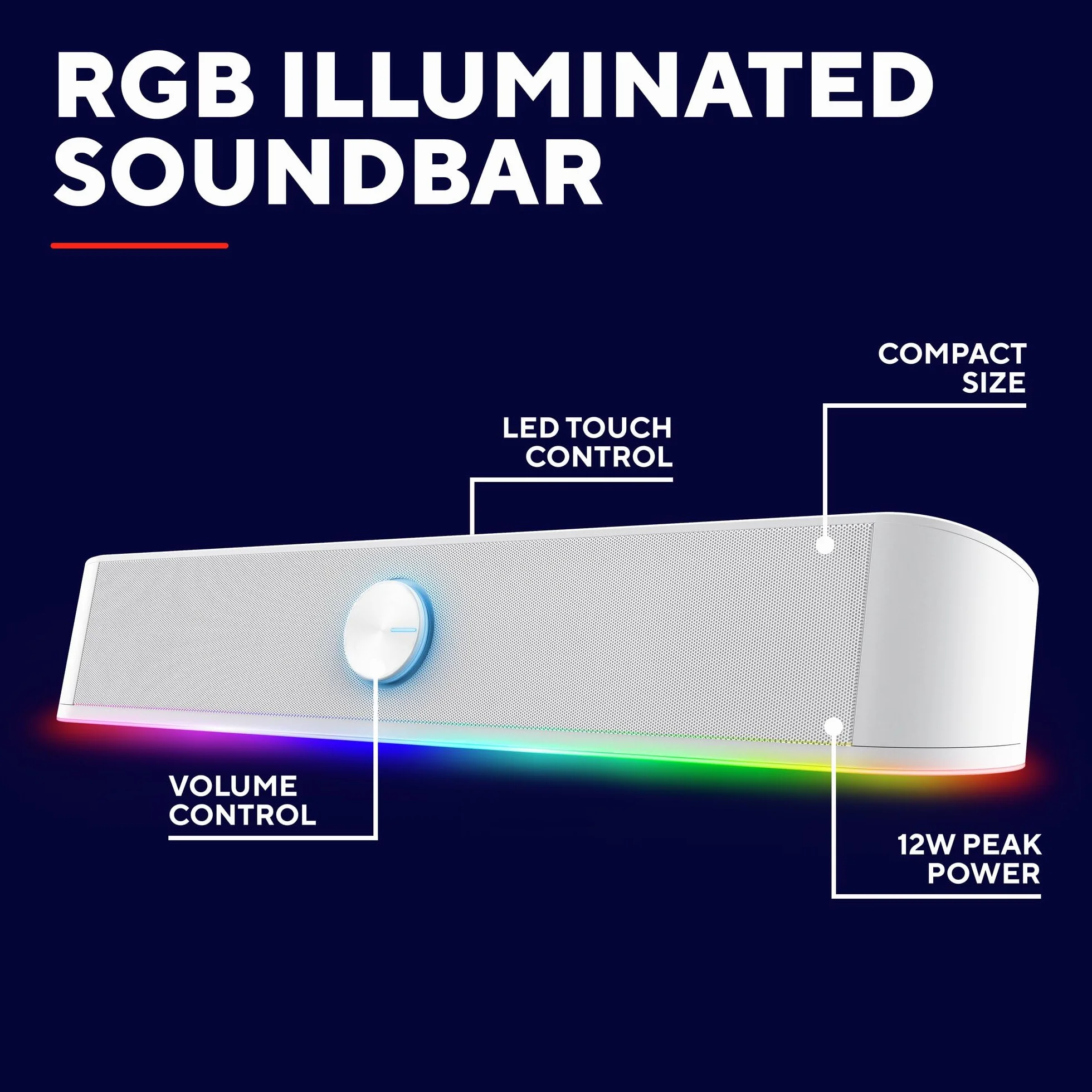 Rhox Soundbar RGB 1619W, Podświetlane Głośniki PC, Moc Szczytowa 12W, Głośnik Stereo USB, Biały