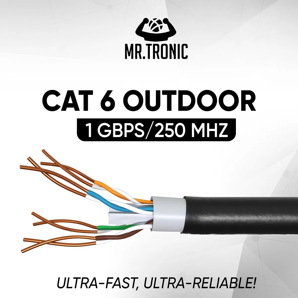 Mr. Tronic Zewnętrzny wodoodporny kabel Ethernet Cat 6 100 m, szybki kabel sieciowy LAN Ethernet, kabel internetowy Cat6, 1 Gb/s, 250 MHz, kabel ADSL AWG24, kabel UTP CCA (100 metrów, czarny)