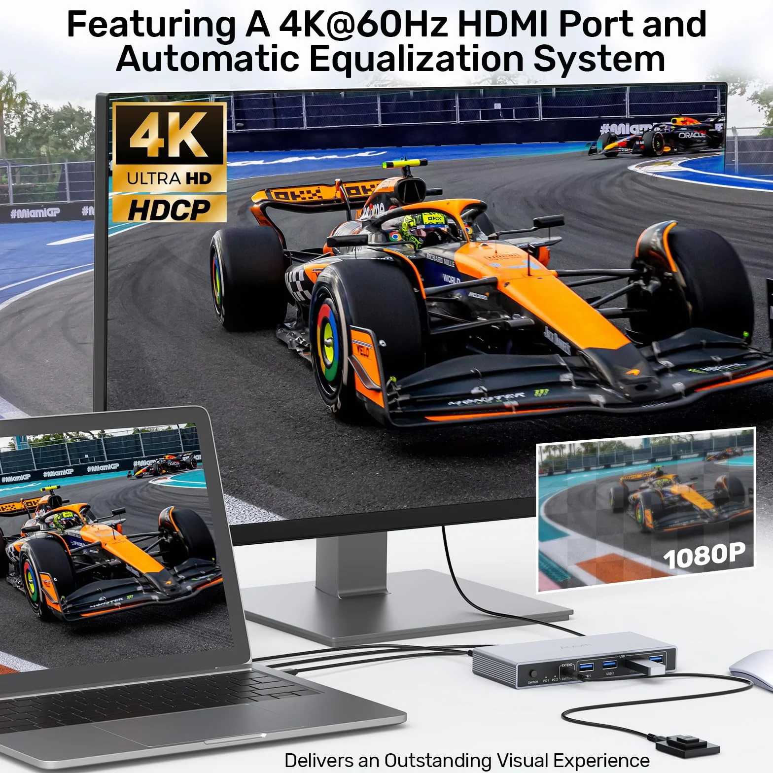 Alxum Przełącznik KVM HDMI 2 komputery 1 monitor 4K 60 Hz 4 USB A 5 Gb/s kontroler biurkowy 2 kable USB 3.0