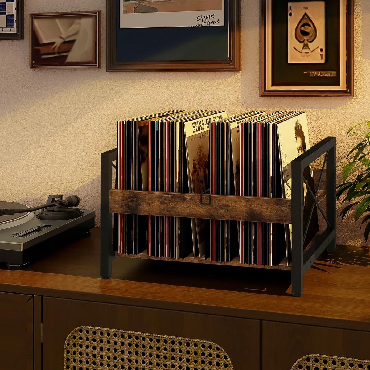 ELITEROO Uchwyt na płyty winylowe, drewniana skrzynka na płyty pasuje do płyt 18-30 cm, półka winylowa, pomieści do 50–100 albumów, DVD, CD lub plików, drewniany stojak do przechowywania książek