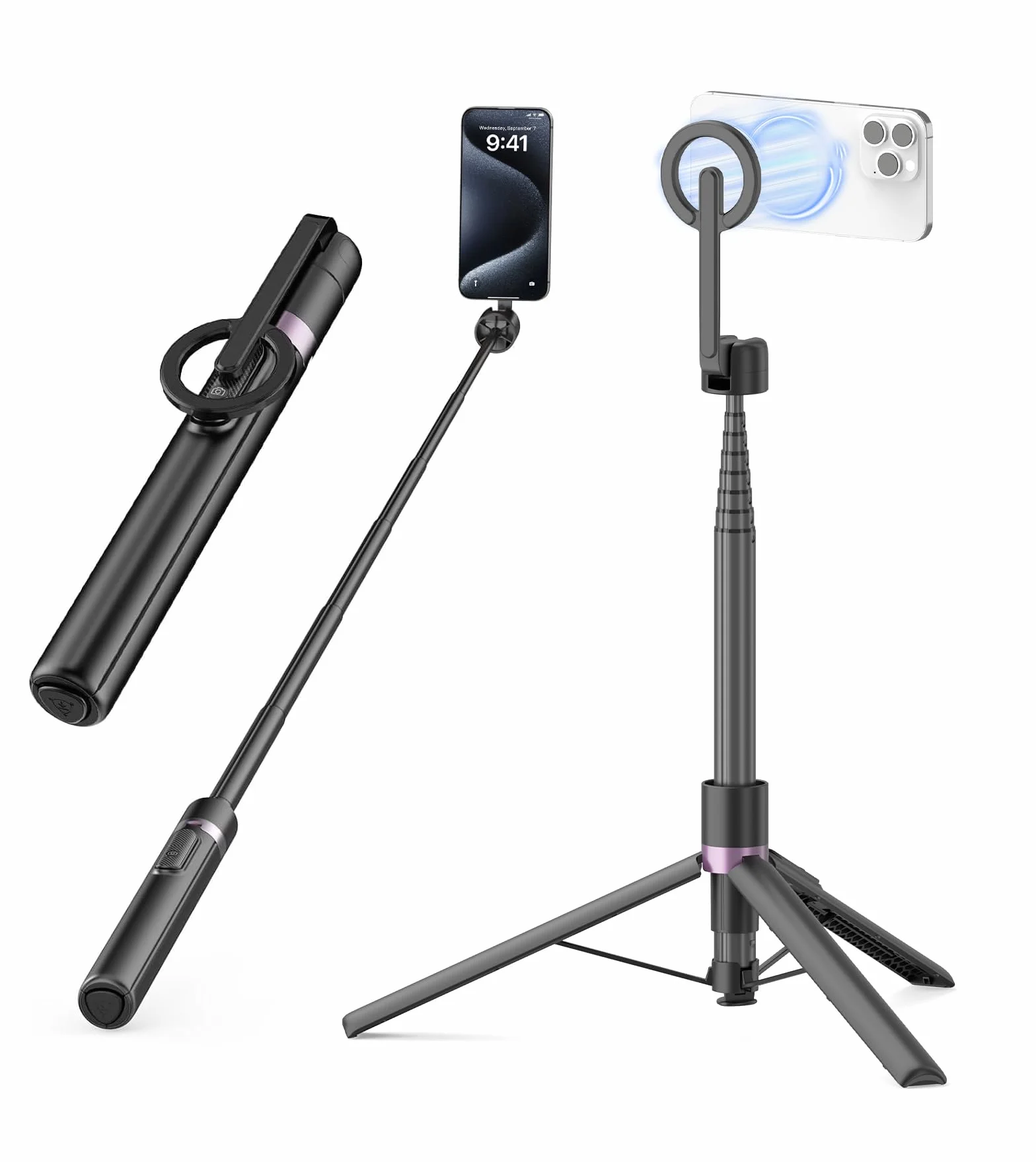 TONEOF 173cm Magnetyczny statyw do selfie, mocny magnetyczny uchwyt aluminiowy do Magsafe, obrót o 360°, wysuwany statyw z pilotem, przenośny statyw do telefonu komórkowego–Czarny Fioletowy