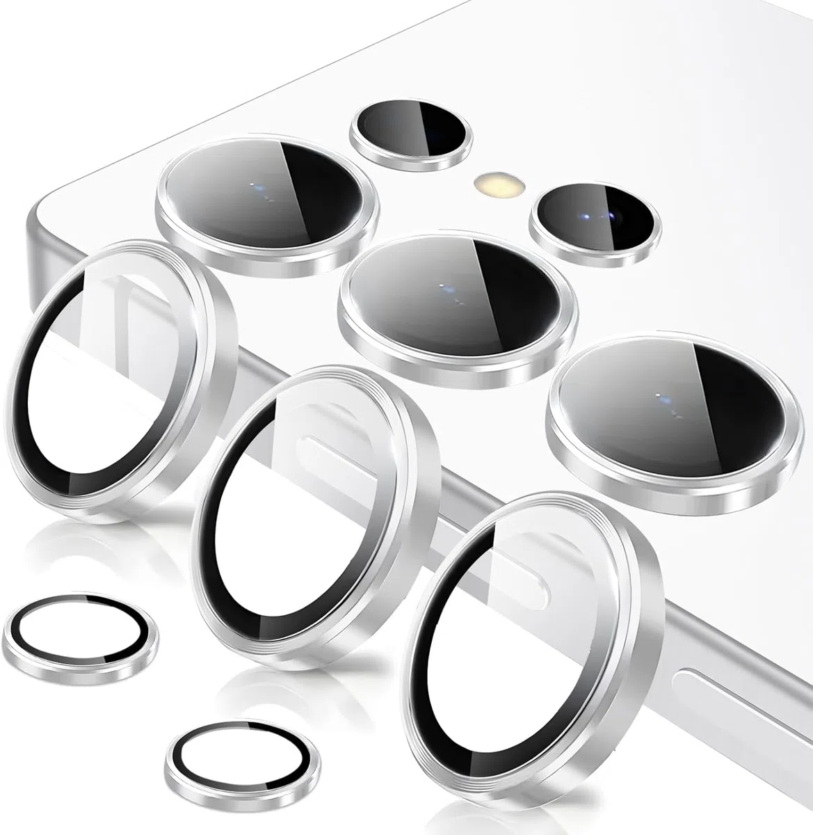 Coiwxmoi Ochraniacz na obiektyw aparatu do Samsung Galaxy S23 Ultra 5G, szkło hartowane 9H, HD przezroczyste odporne na zarysowania, aluminiowy ochraniacz na aparat 3D, srebrny