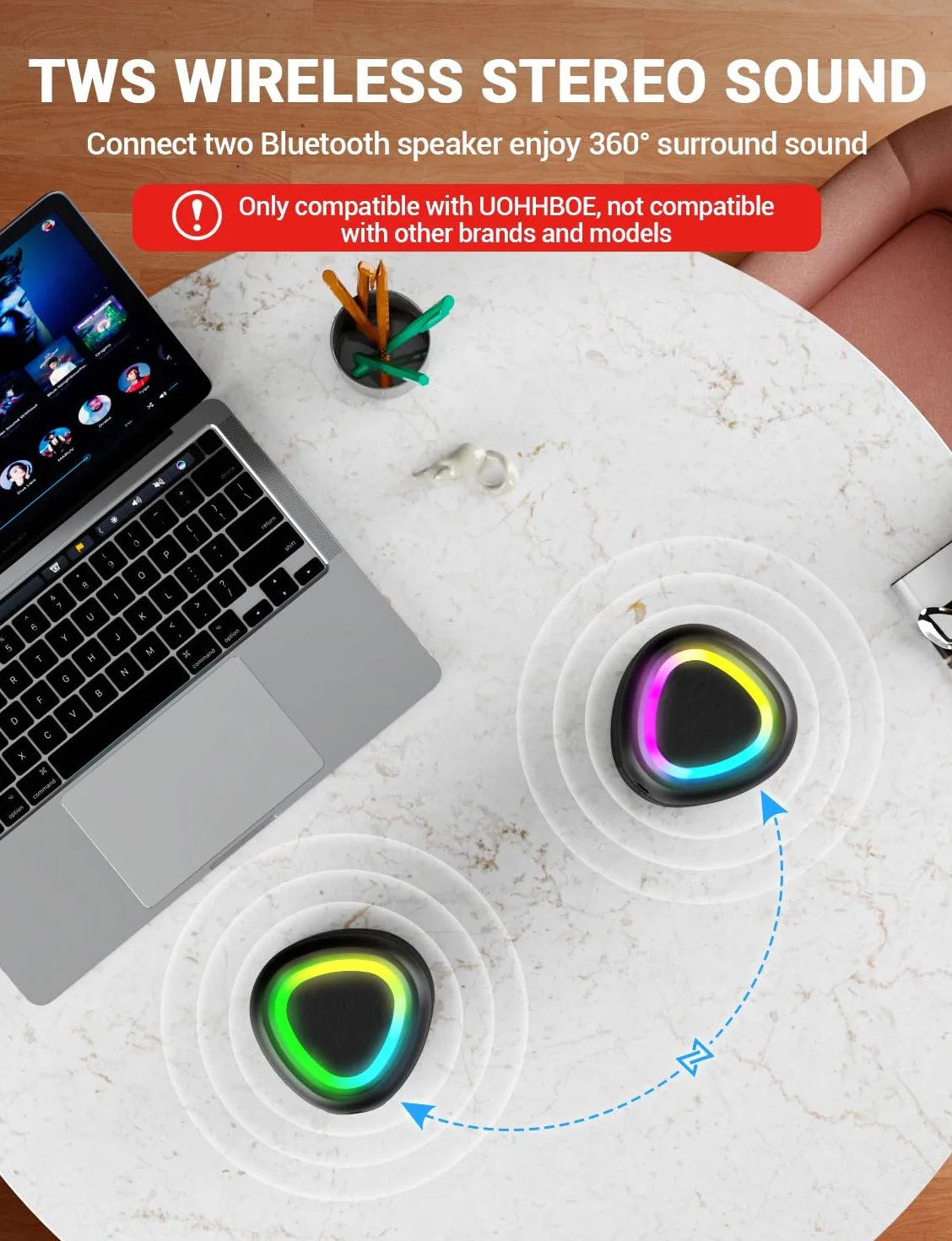 UOHHBOE Przenośny głośnik 15W Bluetooth bezprzewodowy BT5, 3 mocne głośniki z oświetleniem TWS 2500mAh 30m Odległość IPX5 AUX TF Card Wieczory Imprezy Plener Podróże