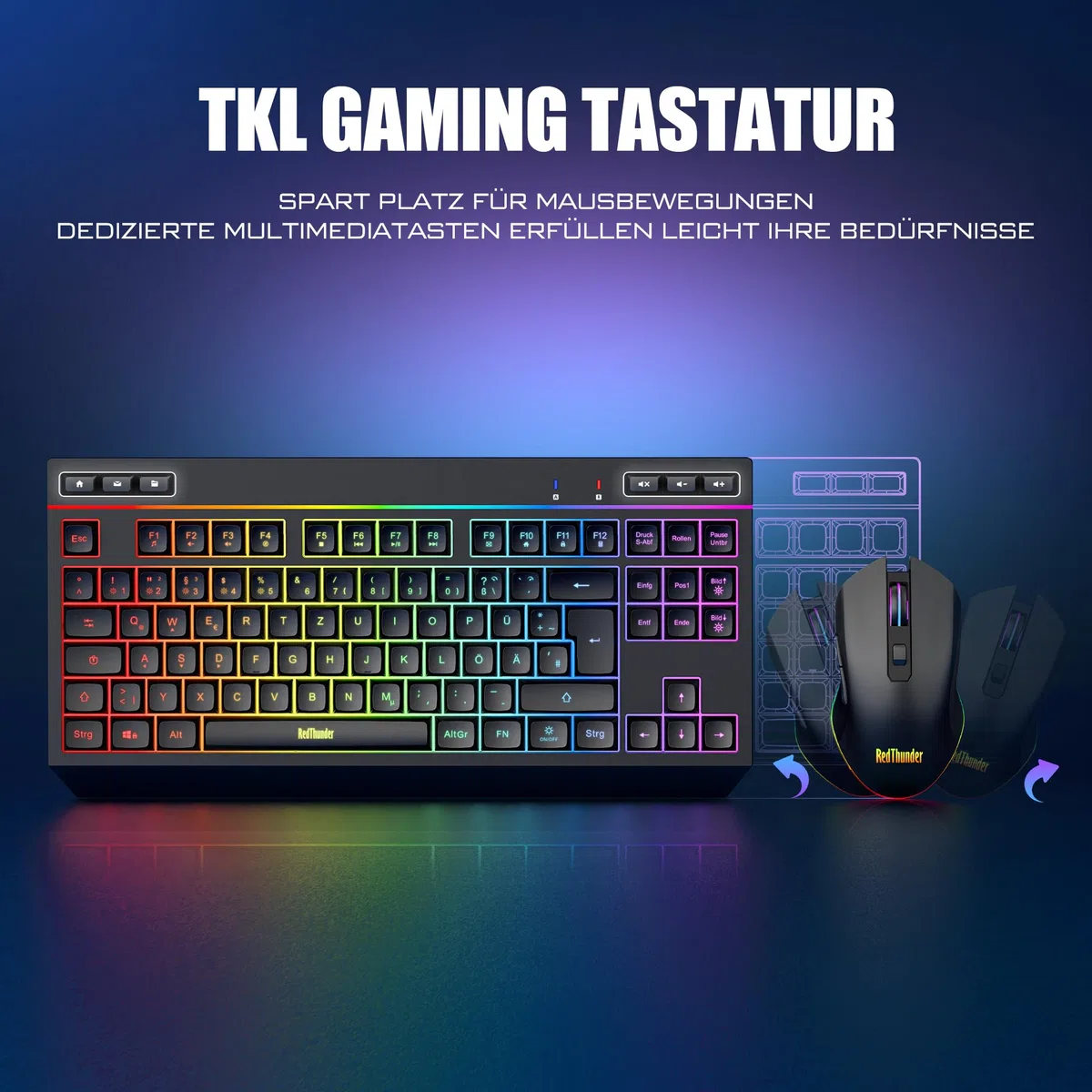 RedThunder Zestaw 75% bezprzewodowej klawiatury i myszy, QWERTZ 94 klawisze TKL, RGB, ładowalna klawiatura radiowa z klawiszami funkcyjnymi multimedialnymi, mysz optyczna 7D do PC Xbox PS5, biura