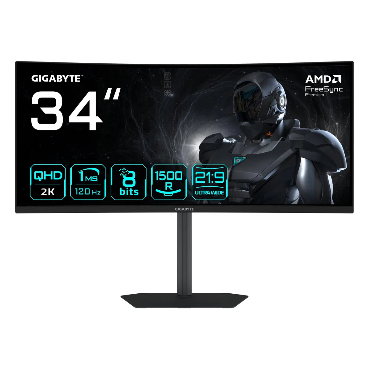 Gigabyte GS34WQCA Gaming Incurved Display 34" WQHD - 3440 x 1440, 1500R, 120Hz, 1ms, 300 CD/m², FreeSync Premium, HDR Ready, HDMI 2.0, DisplayPort 1.4