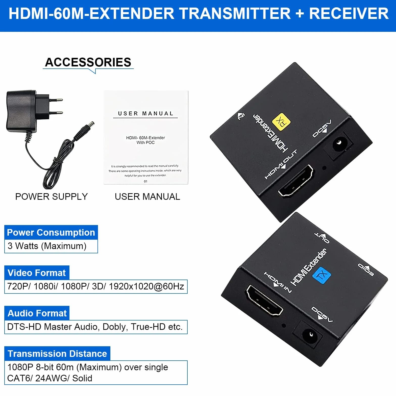 HDMI Extender 200ft Cat5e/6/7 Nadajnik Odbiornik 1080p 3D HDCP EDID POC