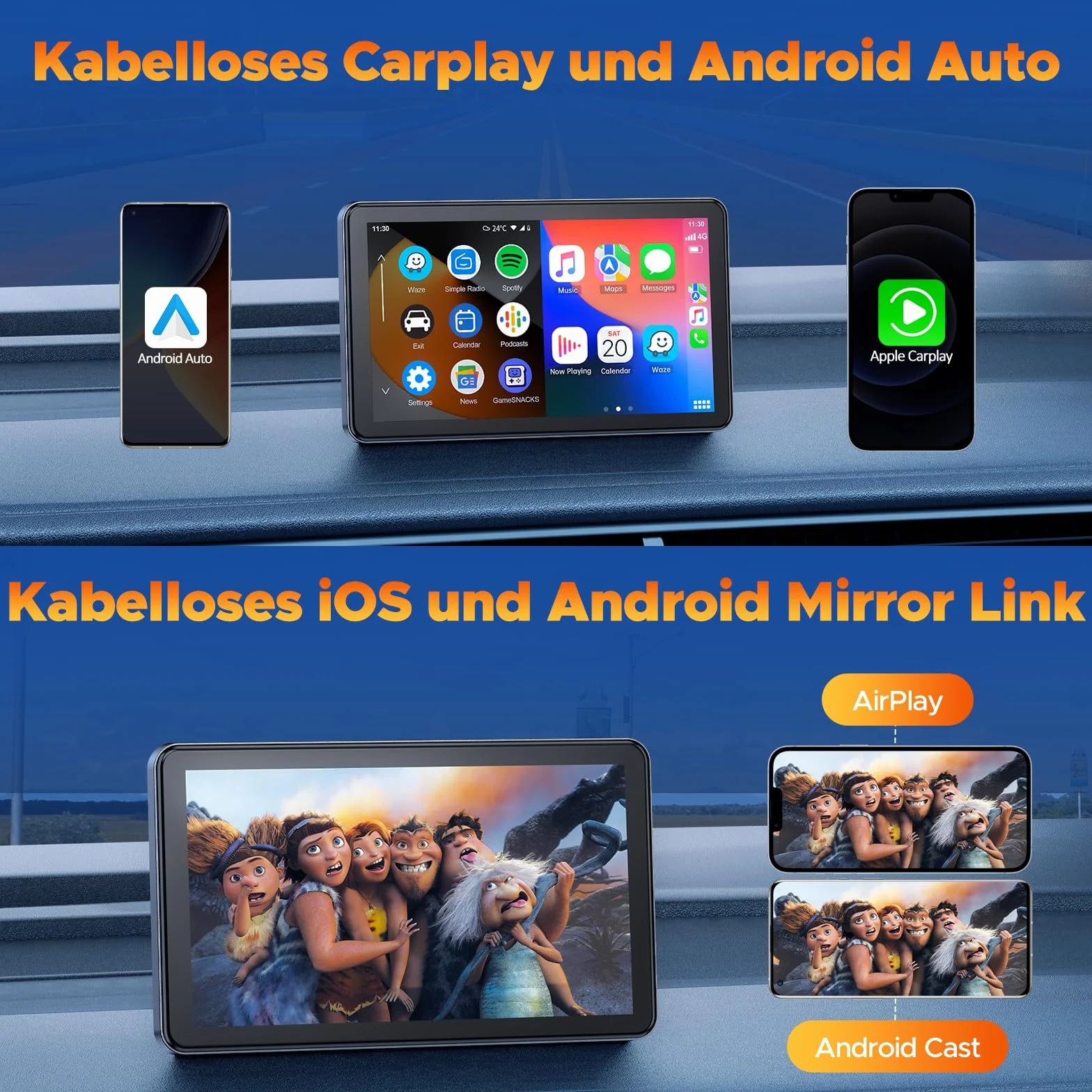 Volam Bezprzewodowy wyświetlacz samochodowy z systemem Android z 7-calowy ekran dotykowy, Mirror Link, nawigacja na żywo, Play Music, Siri, G00gle, asystent głosowy, Bluetooth,FM/Aux