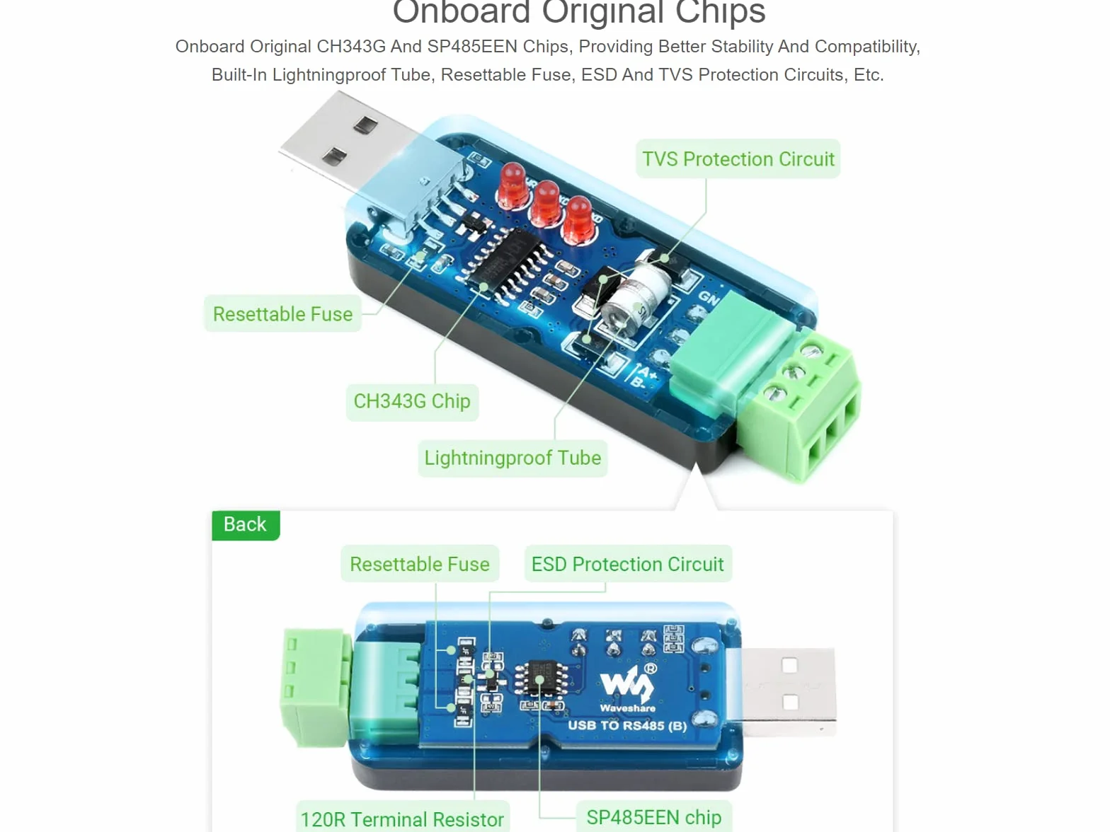 Przemysłowy konwerter USB do RS485 z oryginalnym CH343G i SP485EEN 300 bps ~ 3 Mbps Baudrate Built-In Lightningproof Tube,Resettable Fuse, ESD i TVS Protection Circuits