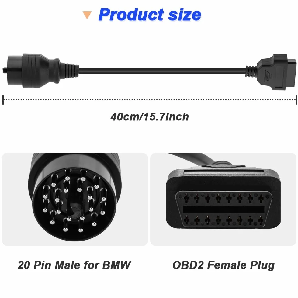 Kabel OBD 20-pinowy na OBD2 16-pinowy do BMW, adapter przedłużacz konwertujący 40 cm