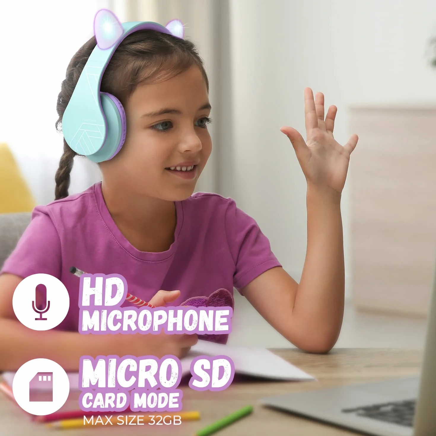 PowerLocus Dziecięce słuchawki douszne, Bluetooth z ograniczeniem głośności 85 dB, składane, z torbą do noszenia, bezprzewodowe słuchawki nauszne i kabel z mikrofonem, trybem micro SD do telefonu