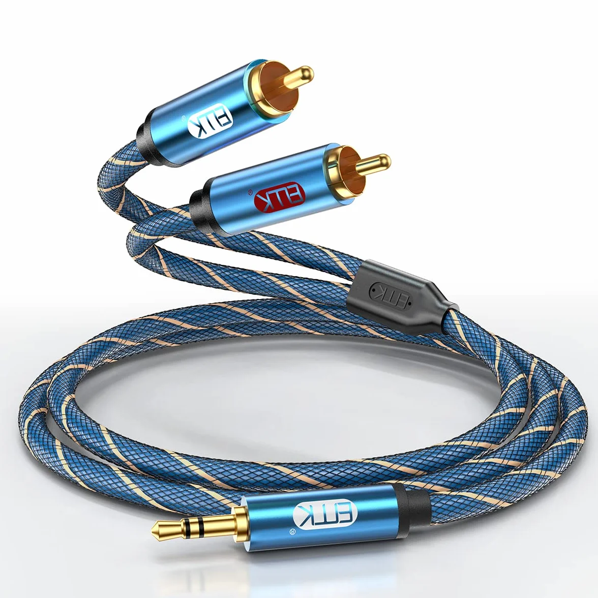 EMK Kabel 2RCA Y 3,5 mm do 2 RCA Audio Kabel Aux Nylon Pleciony męski do 2rca Kabel łączy smartfon, Luidsprekers, gramofon, TV (Straight Aux-3 m)
