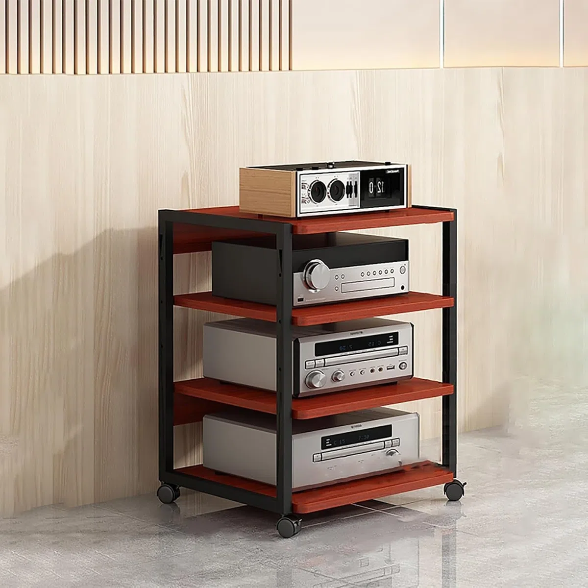 Stojak na sprzęt audio HiFi, 3/4-poziomowy stojak na sprzęt audio-video z kółkami, wielofunkcyjne, drewniane półki z regulacją wysokości, do przechowywania wzmacniacza/dekodera TV/drukarki (styl
