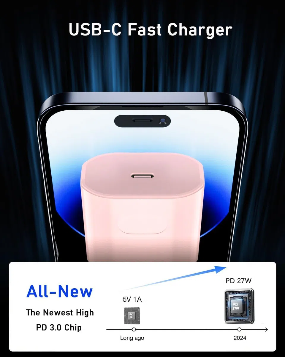 Ładowarka do iPhone'a 17/17 Pro/17 Pro Max/17 Air, iPhone 16 15 Pro Max Plus, 27 W USB C ładowarka zasilająca z szybkim ładowaniem z kablem 2 m (różowa)