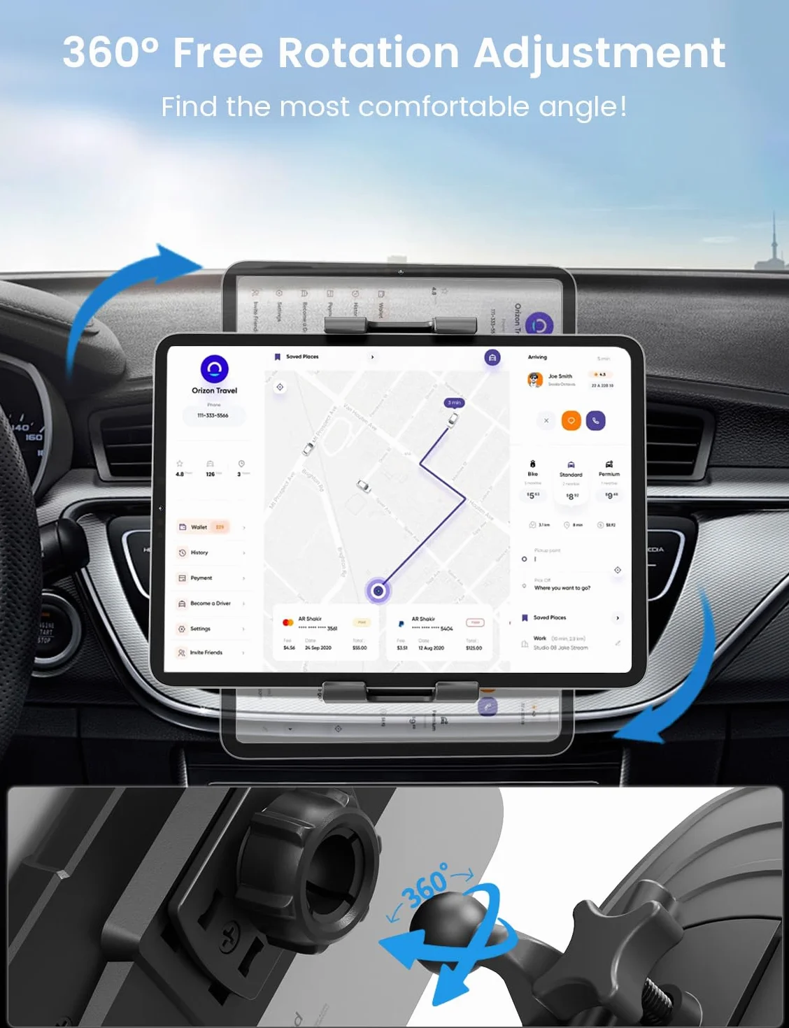 OHLPRO Samochodowy uchwyt na tablet CD, obracany o 360°, uchwyt na iPad i telefon komórkowy do iPad Pro/Air/Mini, Galaxy Tab, Switch, iPhone 5-13