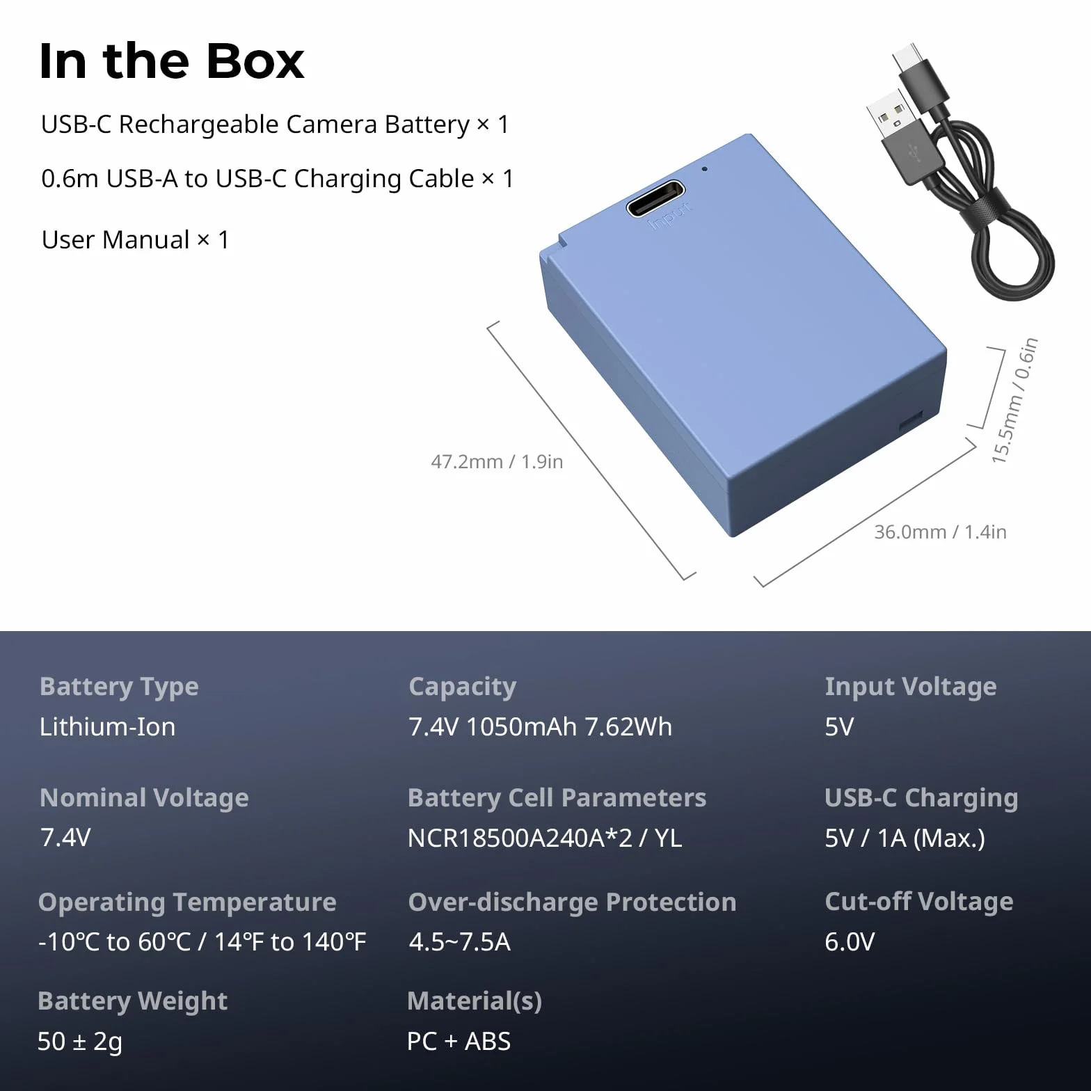 SMALLRIG Akumulator NP-W126S 1050mAh Akumulator USB-C do aparatu Fujifilm X100 IV, X-S10, X-T100, 2,5 godziny pełnego ładowania, do Fujifilm X-T50, X100V, X-T10, X-T20, X-T30, X-T30 II-5062
