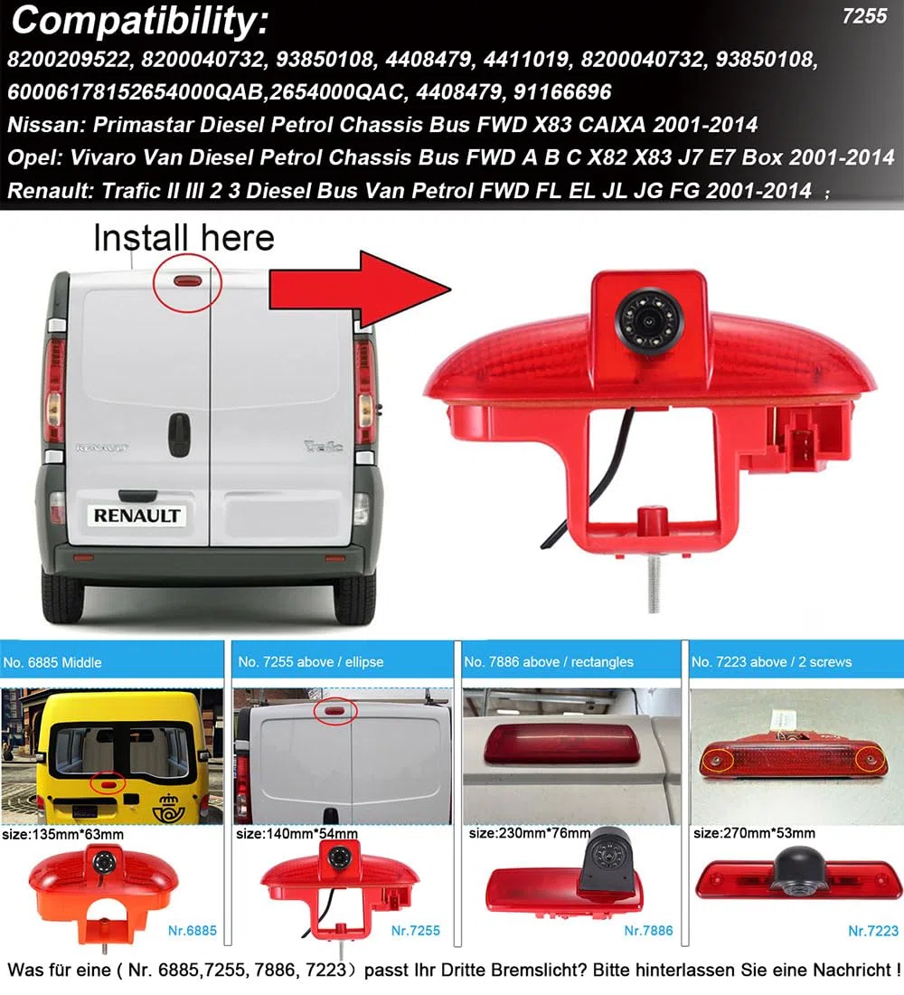 Lampa hamowania HD kamera cofania zestaw z monitorem LCD 4,3", zamiennik kamery cofania do Renault Trafic II III Diesel Petrol FWD FL EL JL JG FG/Opel Vivaro Diesel Petrol Chassis FWD A B C X82 X83 J7