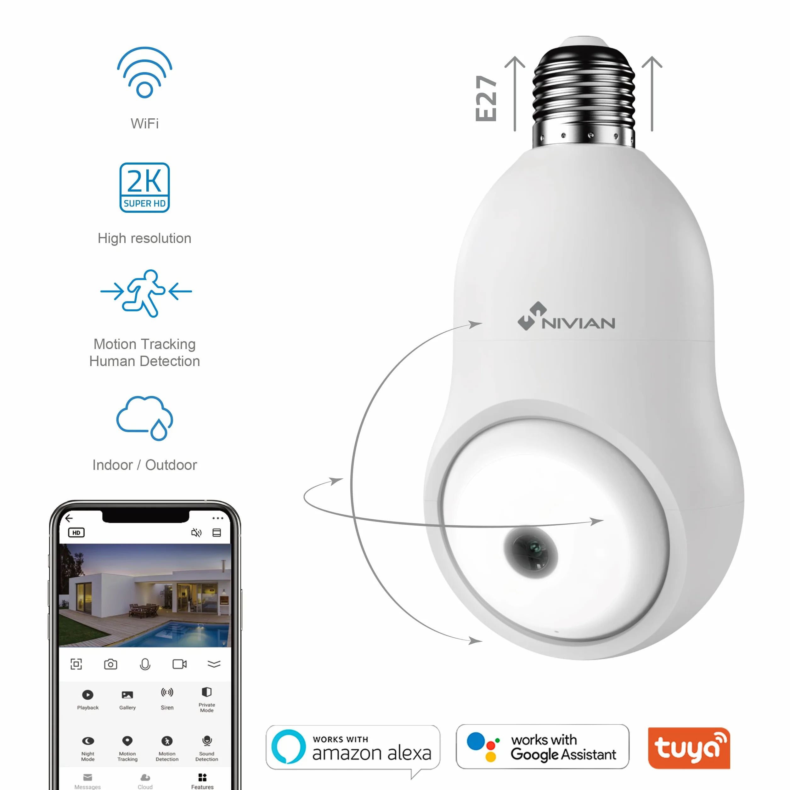 NIVIAN -Kamera monitorująca Wifi Typ żarówki E27-2K 360 ° ruchu- Dwukierunkowy dźwięk-Rozpoznawanie i śledzenie człowieka-Noktowizor 10m-Kompatybilny z Alexa i Google Home–Aplikacja Tuya