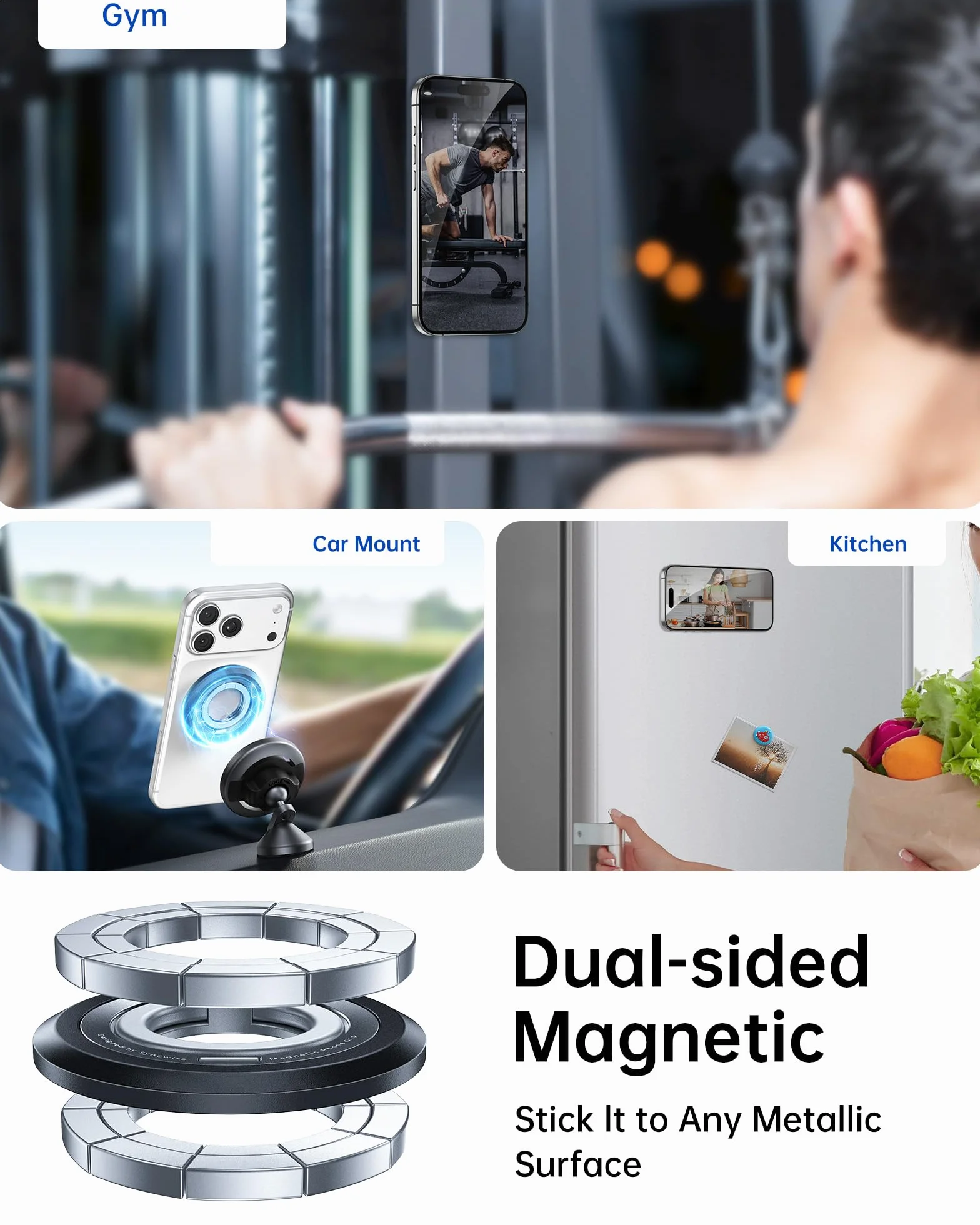 SYNCWIRE Uchwyt na telefon MagSafe, obracany o 360°, magnetyczny uchwyt na telefon komórkowy, dwustronny, magnetyczny, kompatybilny z iPhone 17, 16, 15, 14, 13, 12 Pro Max, pasuje do akcesoriów
