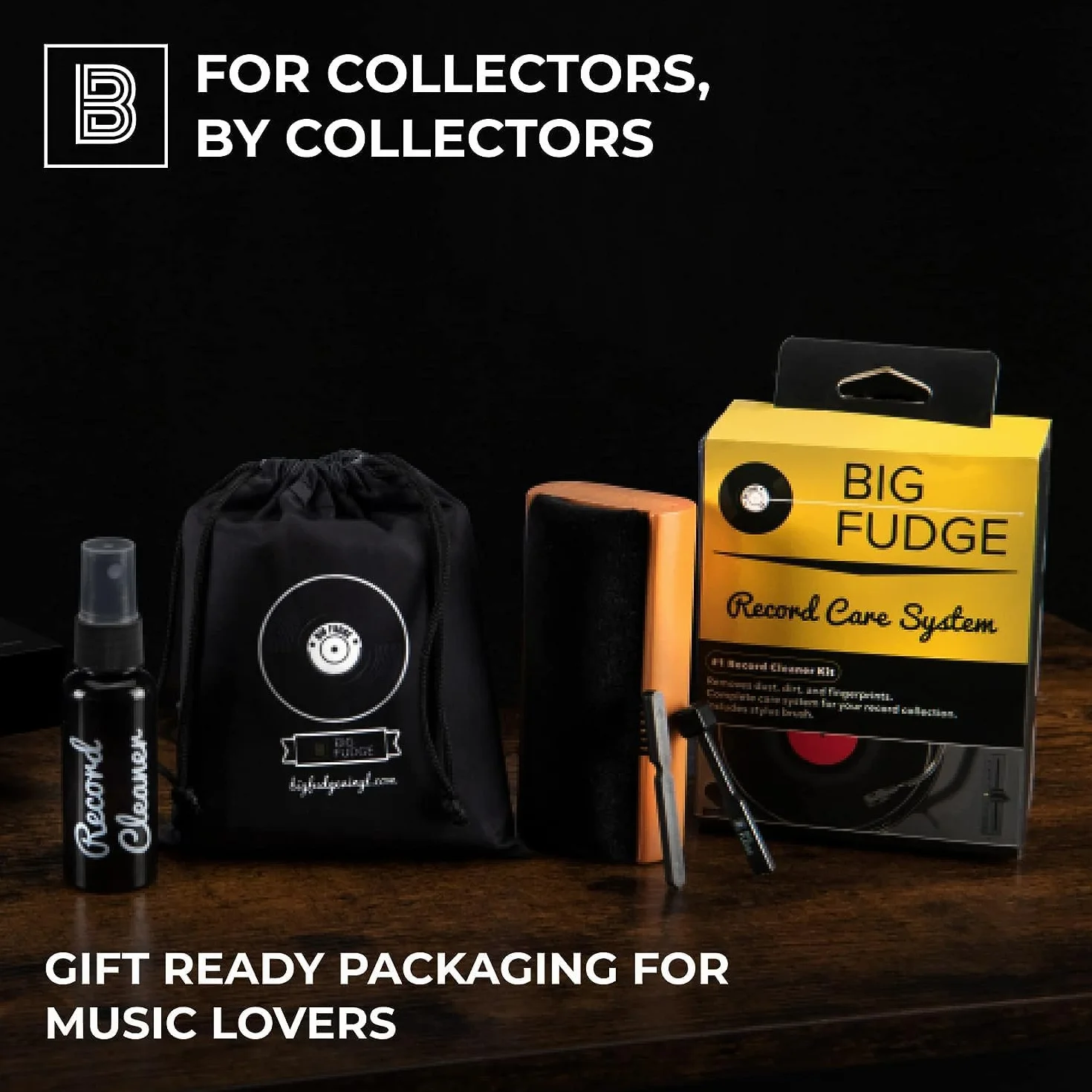 BIG FUDGE Professional Series Vinyl Record Cleaning Kit - 5-in-1- Includes Velvet Vinyl Cleaner Brush, Cleaning Fluid, Stylus Gel, Brush for Velvet, Padded Storage Case