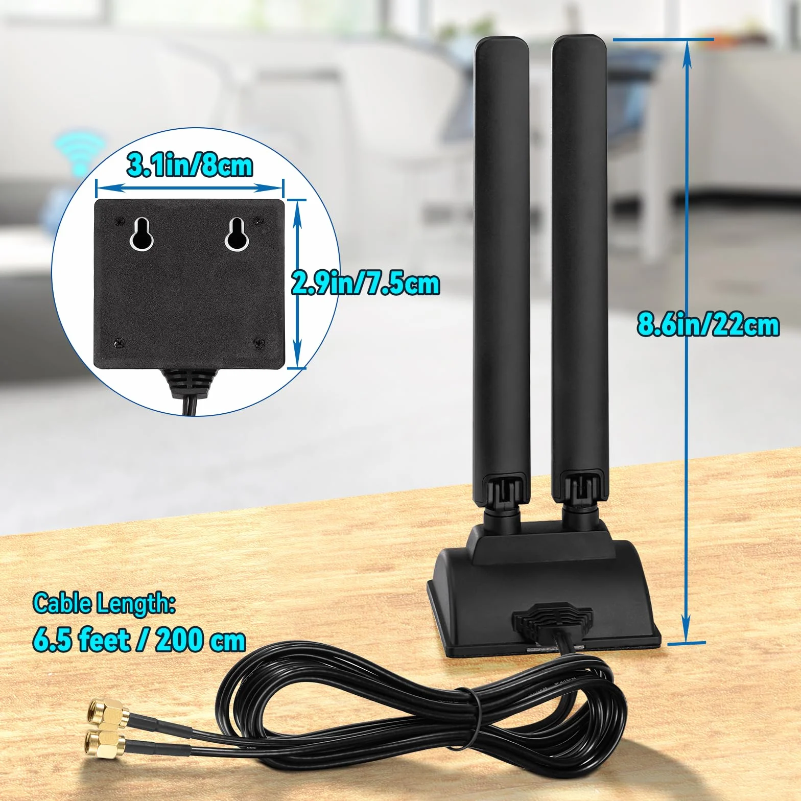 Eightwood Trójpasmowa antena WiFi 6E – 2,4 GHz, 5 GHz, 6 GHz RP-SMA do komputera stacjonarnego, karty Bluetooth, adaptera USB, routera