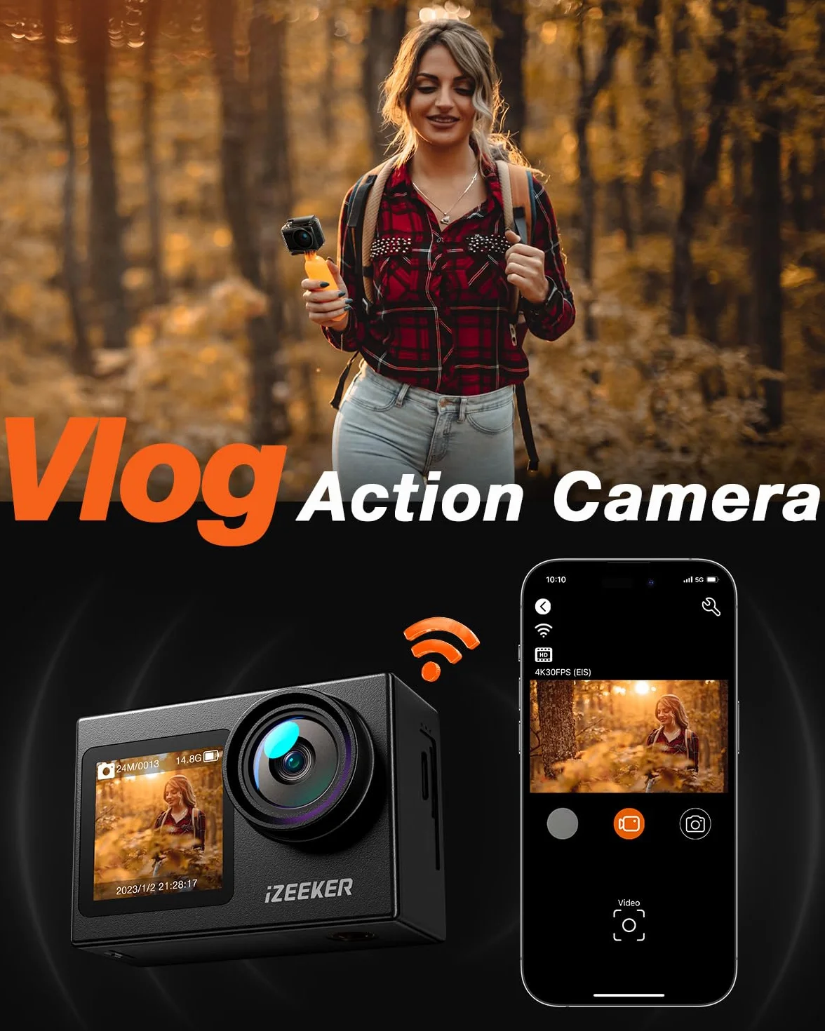 iZEEKER Action Cam 4K, 24MP HD Fotocamera Subacquea Impermeabile 40M Telecamera per Casco con Doppio Schermo, Microfono Esterno, Telecomando 2.4G, Batteria 2x1350mhA