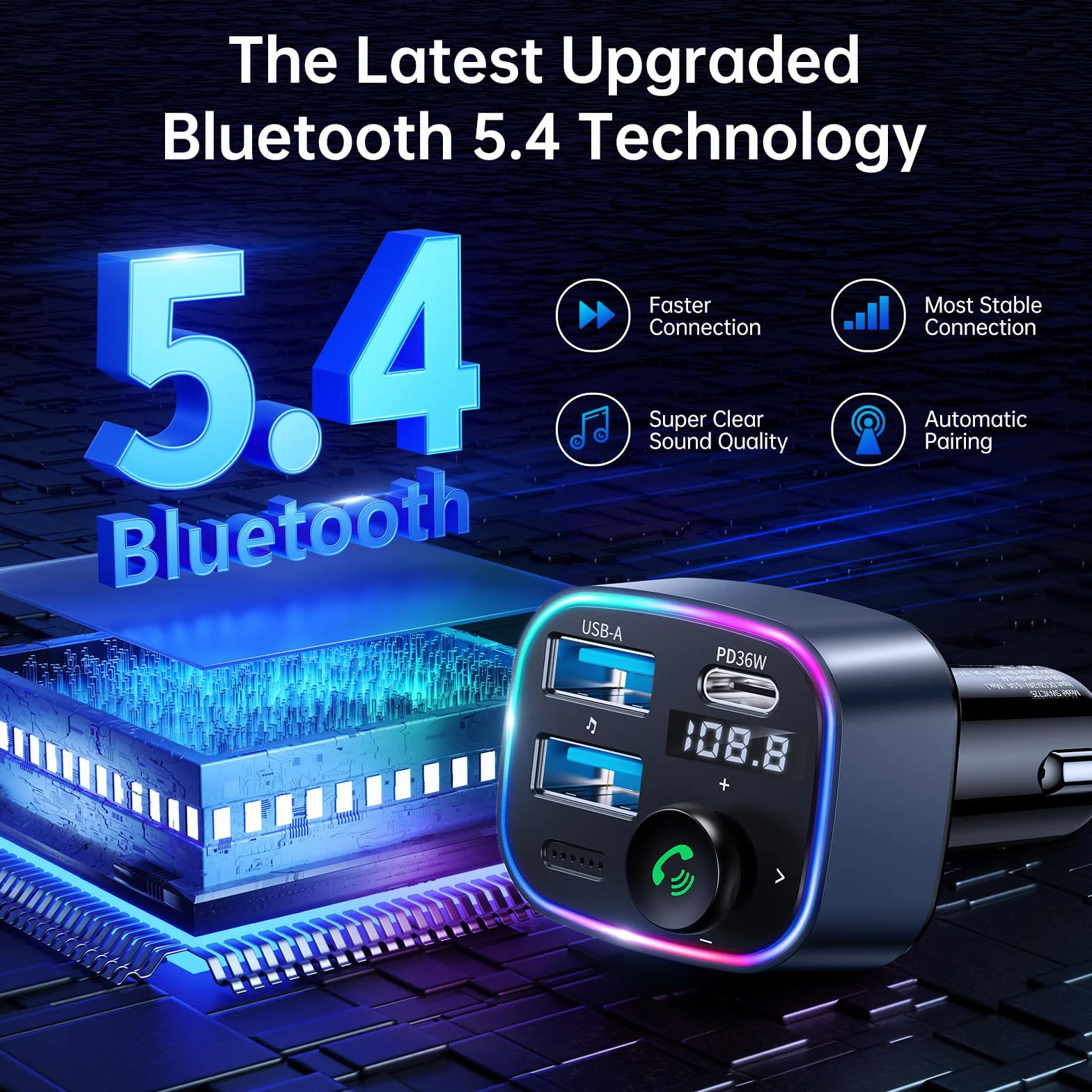 SYNCWIRE Nadajnik samochodowy Bluetooth 5.3 FM, 48 W(PD 36W i 12W) Ładowarka USB Adapter samochodowy Bezprzewodowy odbiornik radiowy, wyświetlacz LED, zestaw głośnomówiący, obsługa napędu USB 64 GB,