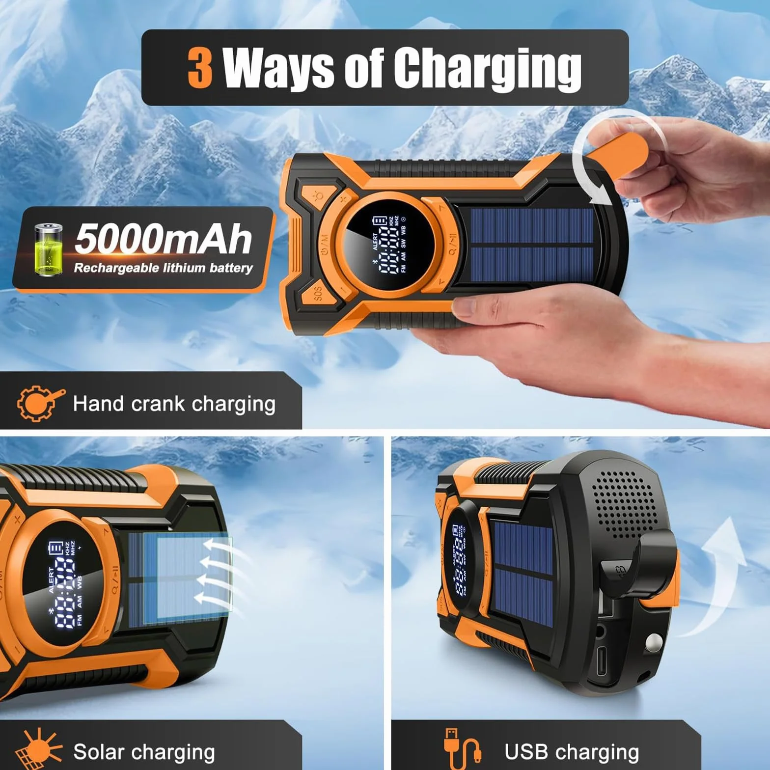 Radio awaryjne z ręczną korbą, głośnik Bluetooth na korbę z akumulatorem 5000 mAh, ładowarka słoneczna Power Bank USB AM/FM Radio SOS Alarm Latarka IPX5 Wewnętrzny Outdoor Camping Emergency