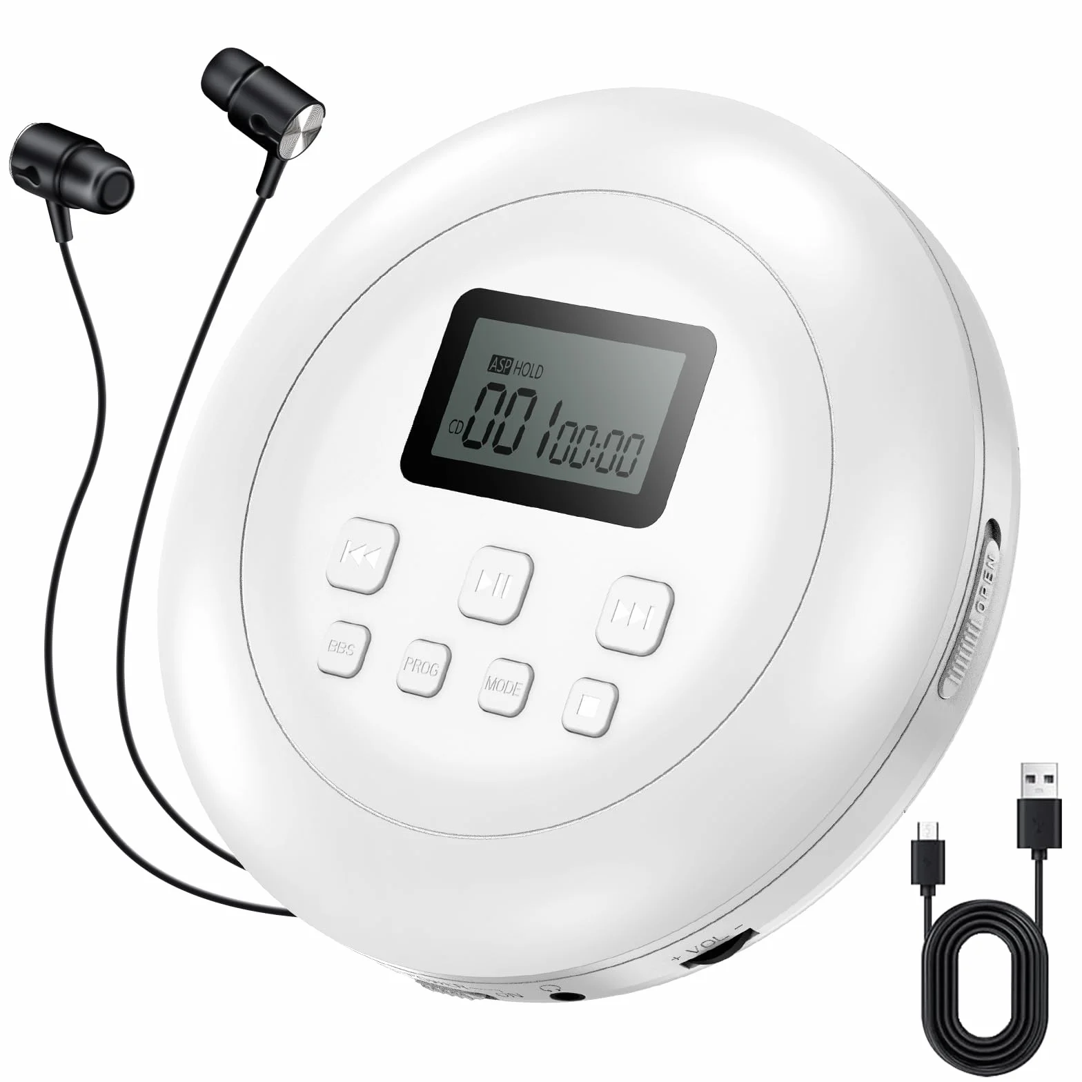 Gueray Przenośny odtwarzacz CD, osobisty odtwarzacz CD ze słuchawkami, wyświetlacz LCD, ochrona HiFi, klasyczny odtwarzacz muzyki CD, do samochodu, domu, biały