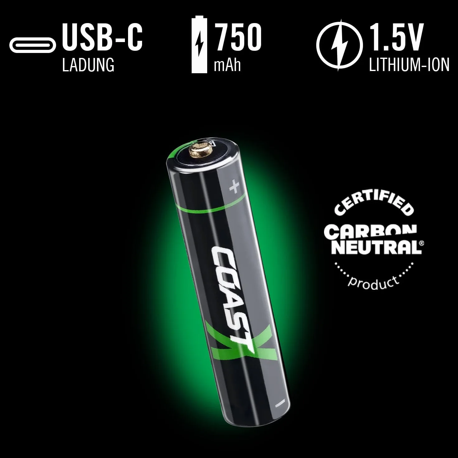 Coast Akumulator AAA USB-C Lithion-X, litowo-jonowy, 1,5 V, 750 mAh, trwałe, ładowanie w ciągu 1,3 godziny, kabel do ładowania w zestawie, 4 sztuki