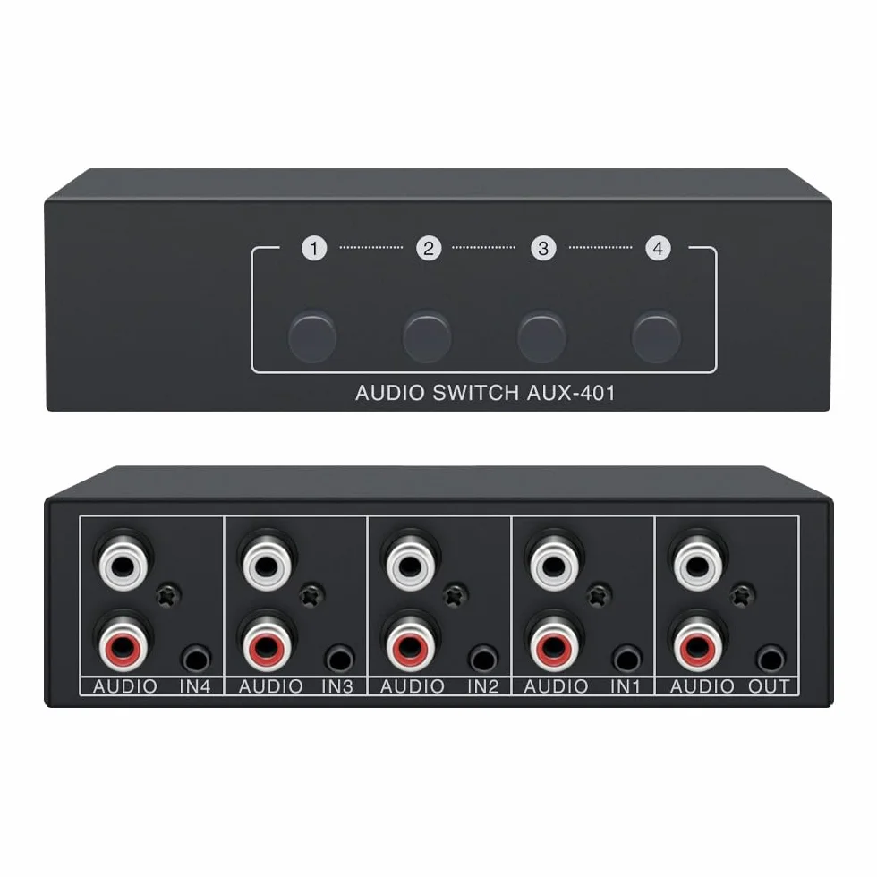 Audio Switch 4 w 1 cinch rozdzielacz przełącznik AUX 3,5 mm pasywny stereo do słuchawek TV PC RCA