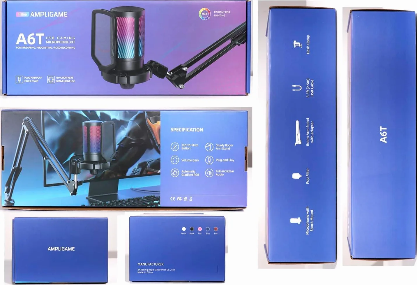 FIFINE Zestaw mikrofonowy dla graczy, USB, mikrofon pojemnościowy RGB, do komputerów stacjonarnych/ PS4/ PS5, z przyciskiem wyciszania, filtrem pop, ramieniem, uchwytem Shock Mount, A6TW