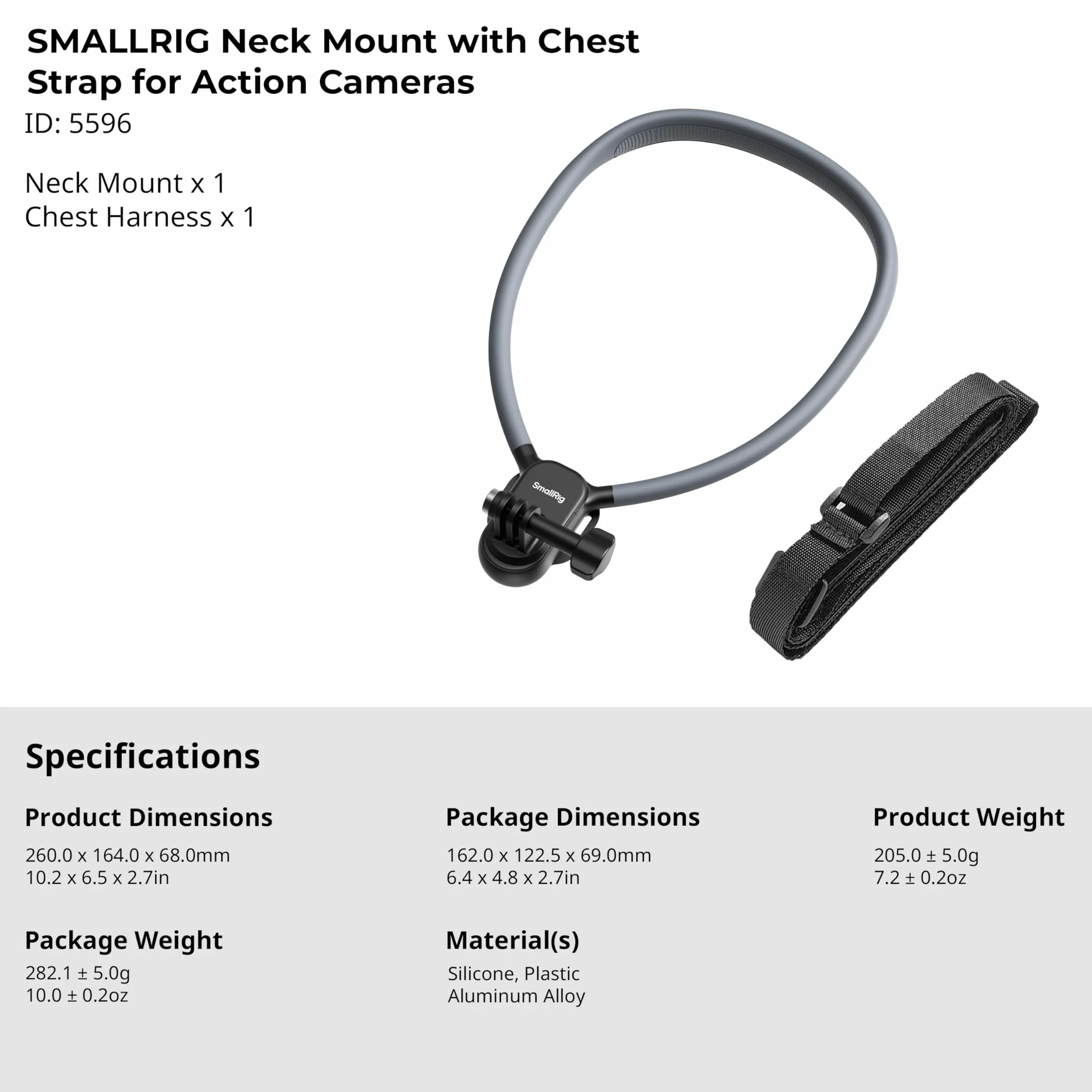SMALLRIG Uchwyt na szyję z paskiem piersiowym do kamer sportowych, z 2-bolcowym interfejsem do GoPro Hero 13/12/11/10/9, do DJI Osmo Action 5 pro/4/3, do Insta360 Ace Pro 2-5596