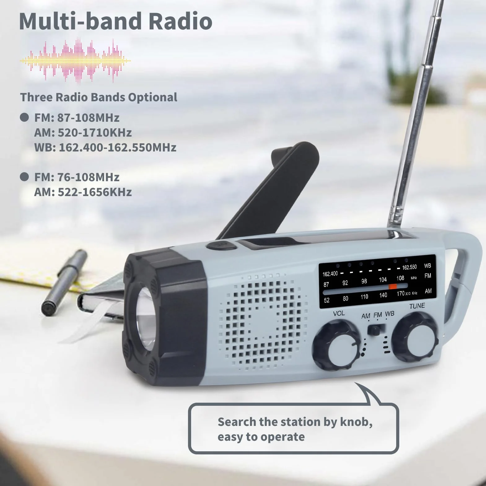 Awaryjne radio słoneczne z latarką LED, alarm SOS, AM/FM, ładowanie USB XLN-383WB