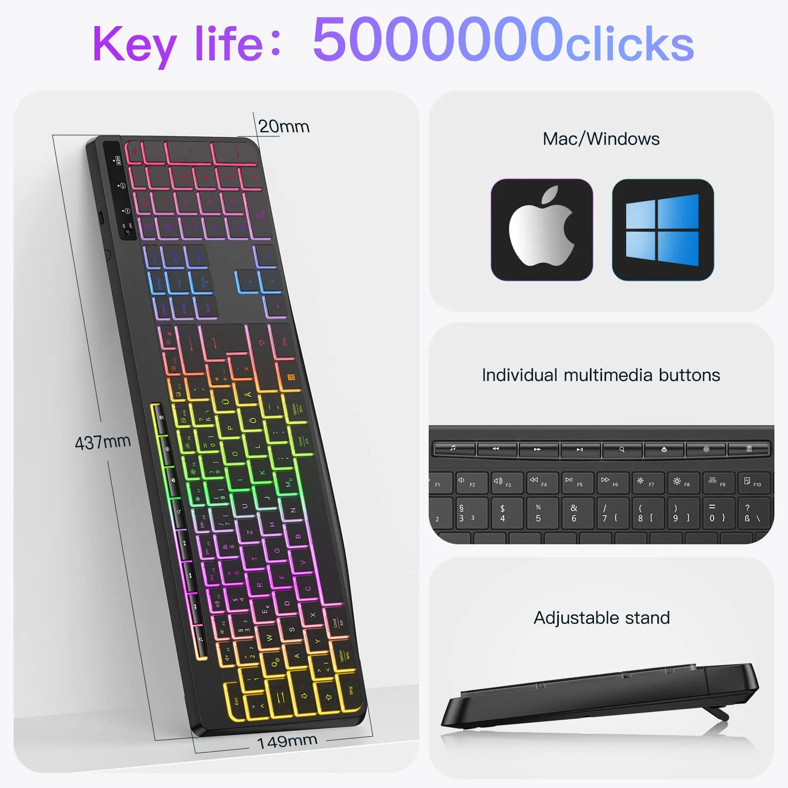 TECURS Klawiatura bezprzewodowa do gier – cicha klawiatura QWERTZ, podświetlana, ergonomiczna, wodoszczelna, 2,4 GHz LED Keyboard do Windows/Mac/PS4/Xbox z przyciskami multimedialnymi, czarna