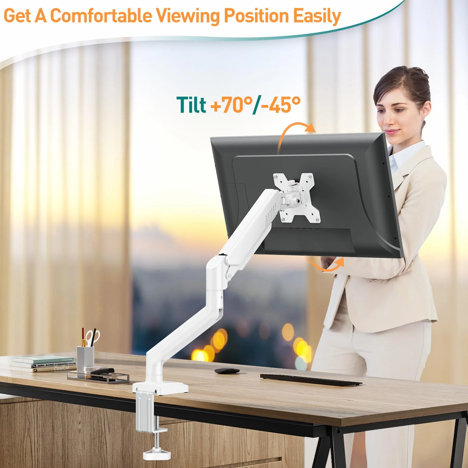 ELIVED Pojedyncze ramię monitora do większości monitorów 13-32 cali z VESA 75 x 75 / 100 x 100 mm do 9 kg, ramię sprężyny gazowej obracane o 360° z zaciskiem C i podstawą przelotkową, uchwyt stojaka