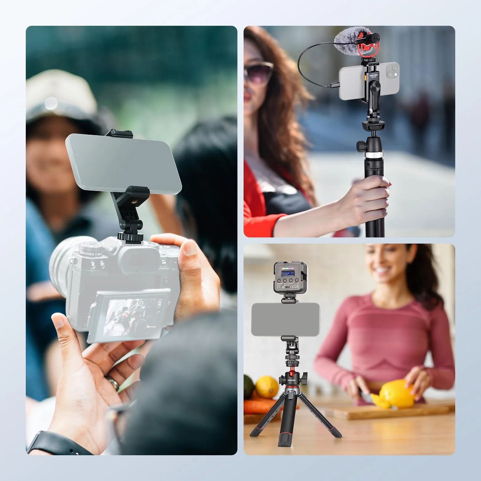 Neewer Podstawowy uchwyt na statyw do telefonu z gwintem 1/10.2 cm i zimną stopką, 6-9 cm, obracany o 360°, zacisk do telefonu komórkowego iPhone 16 15 14 13 12 11 Pro Max X XR Samsung S24 Ultra,