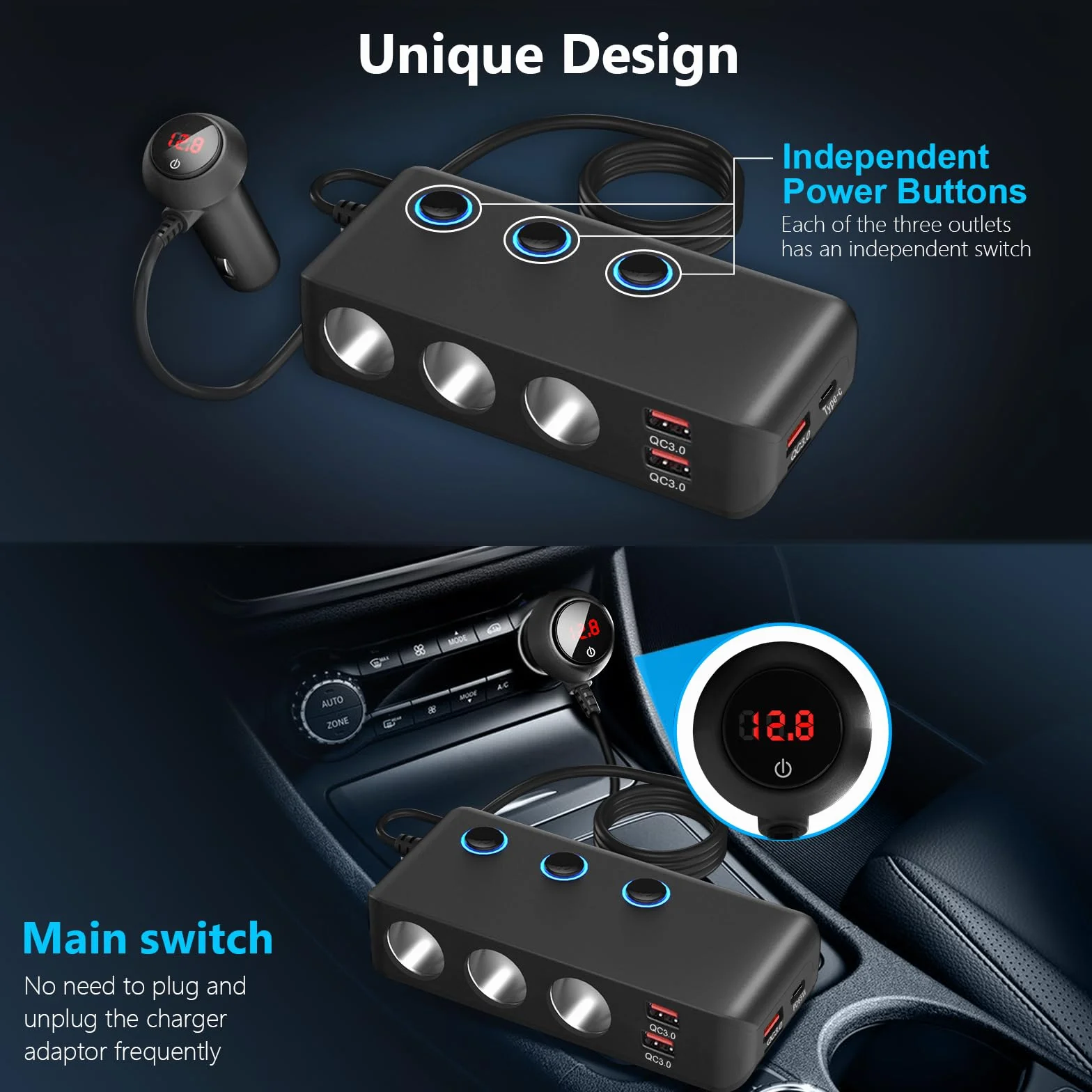 OOWOLF Rozdzielacz zapalniczki samochodowej adapter ładowarki – QC 3.0 Auto potrójny 180 W 12 V/24 V rozdzielacz samochodowy gniazdo z woltomierzem (Czarny - z przełącznikiem zasilania)