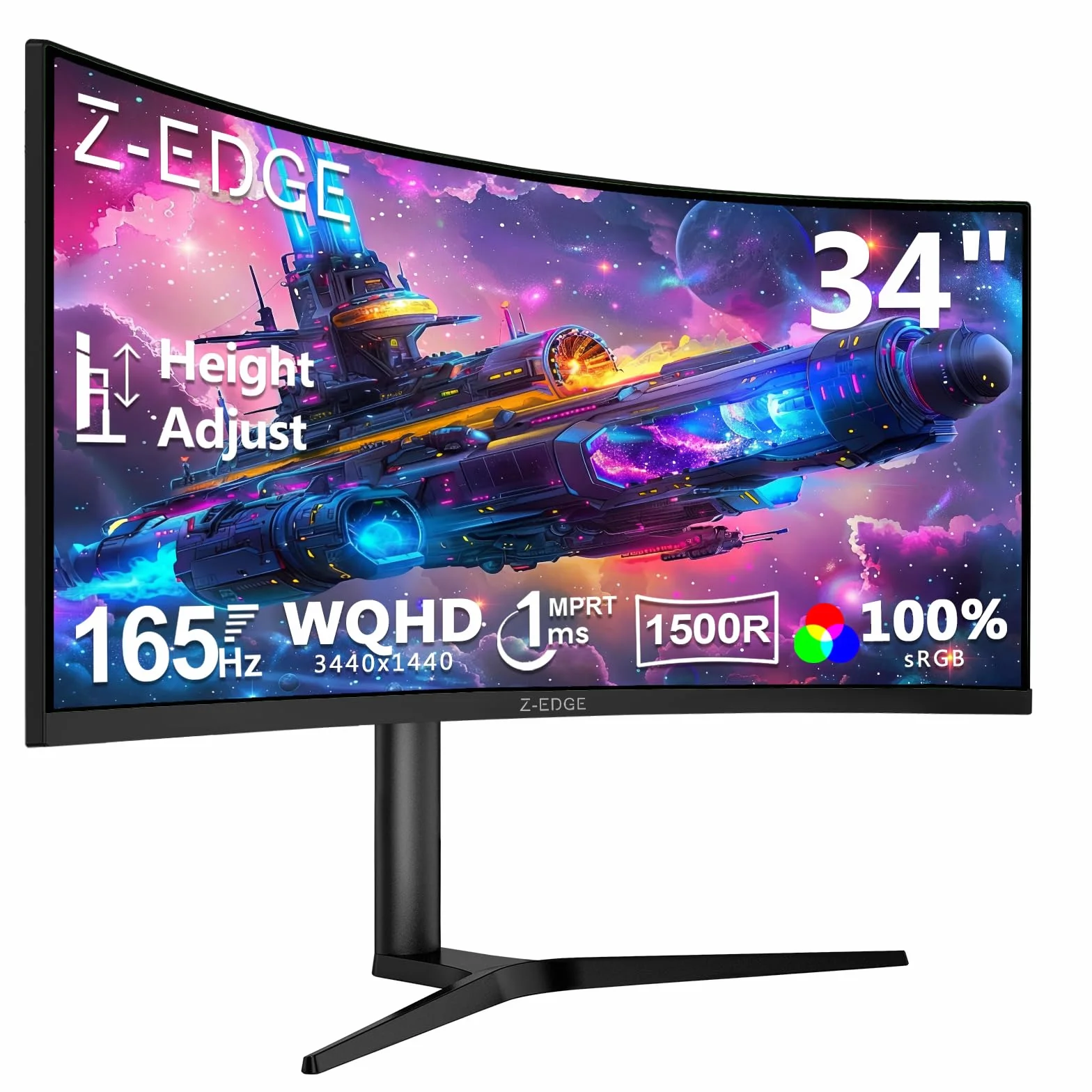 Z-Edge Monitor Gamingowy Zakrzywiony 34” 21:9 ultraszeroki UWQHD 3440x1440, 165 Hz, MPRT 1 ms, 1500R VA, FreeSync, podstawa regulowana wysokości i pochylenia, HDMI 2.0, DP 1.4, oświetlenie RGB