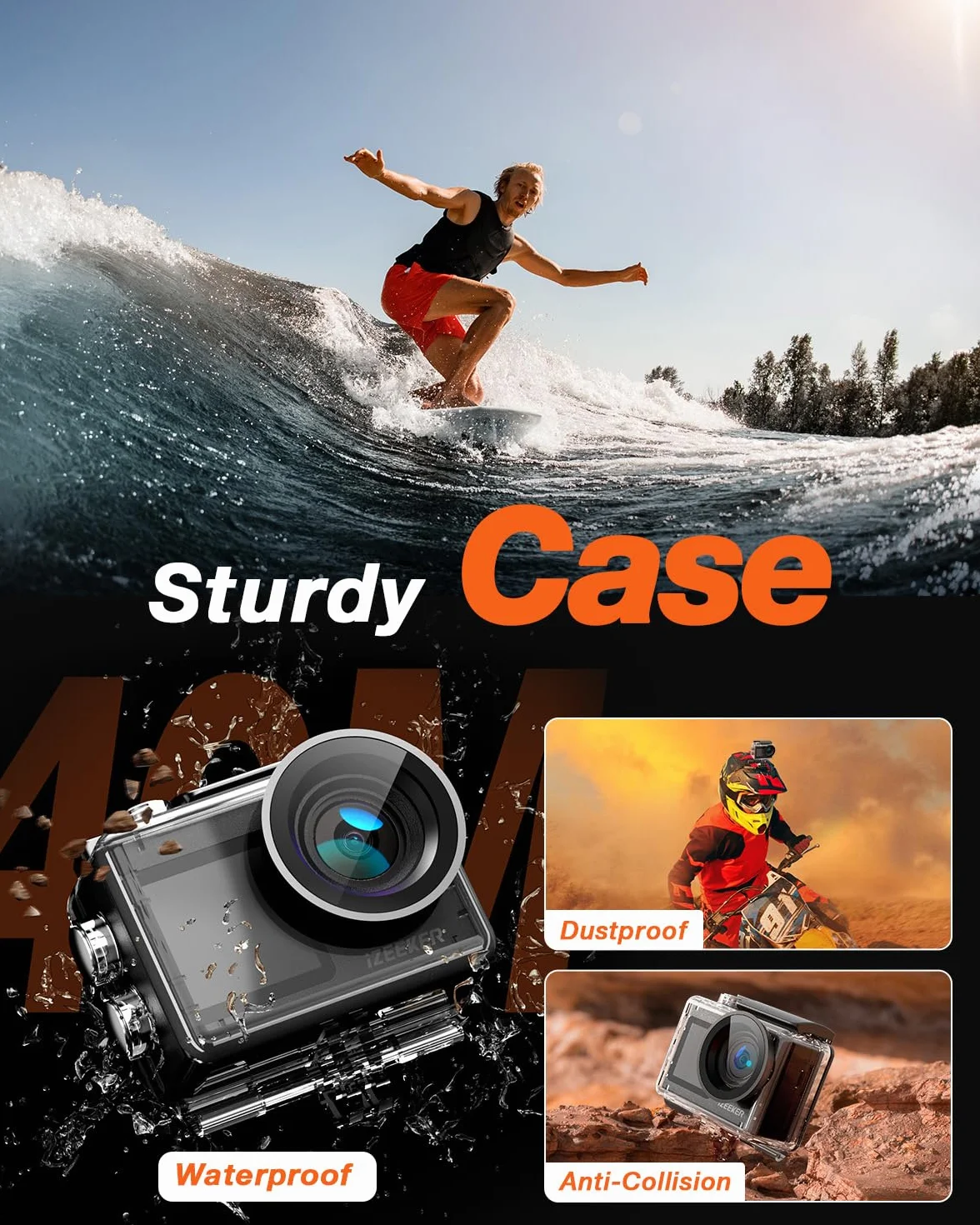 iZEEKER Action Cam 4K, 24MP HD Fotocamera Subacquea Impermeabile 40M Telecamera per Casco con Doppio Schermo, Microfono Esterno, Telecomando 2.4G, Batteria 2x1350mhA