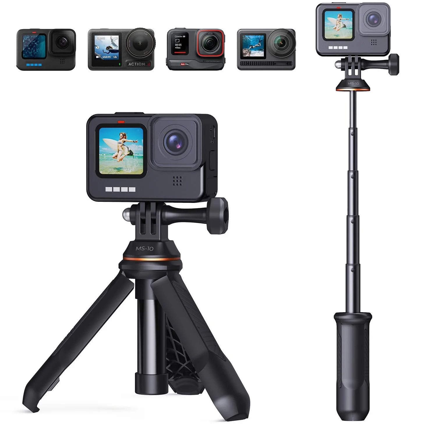 K&F Concept Statyw do selfie Stick 33,5 cm, przenośny uchwyt do GoPro Hero 13/12/11/10/9/8/Max, DJI Osmo Action 5/4/3/2/1, Insta360 X5/X4/X3/Ace Pro, czarny